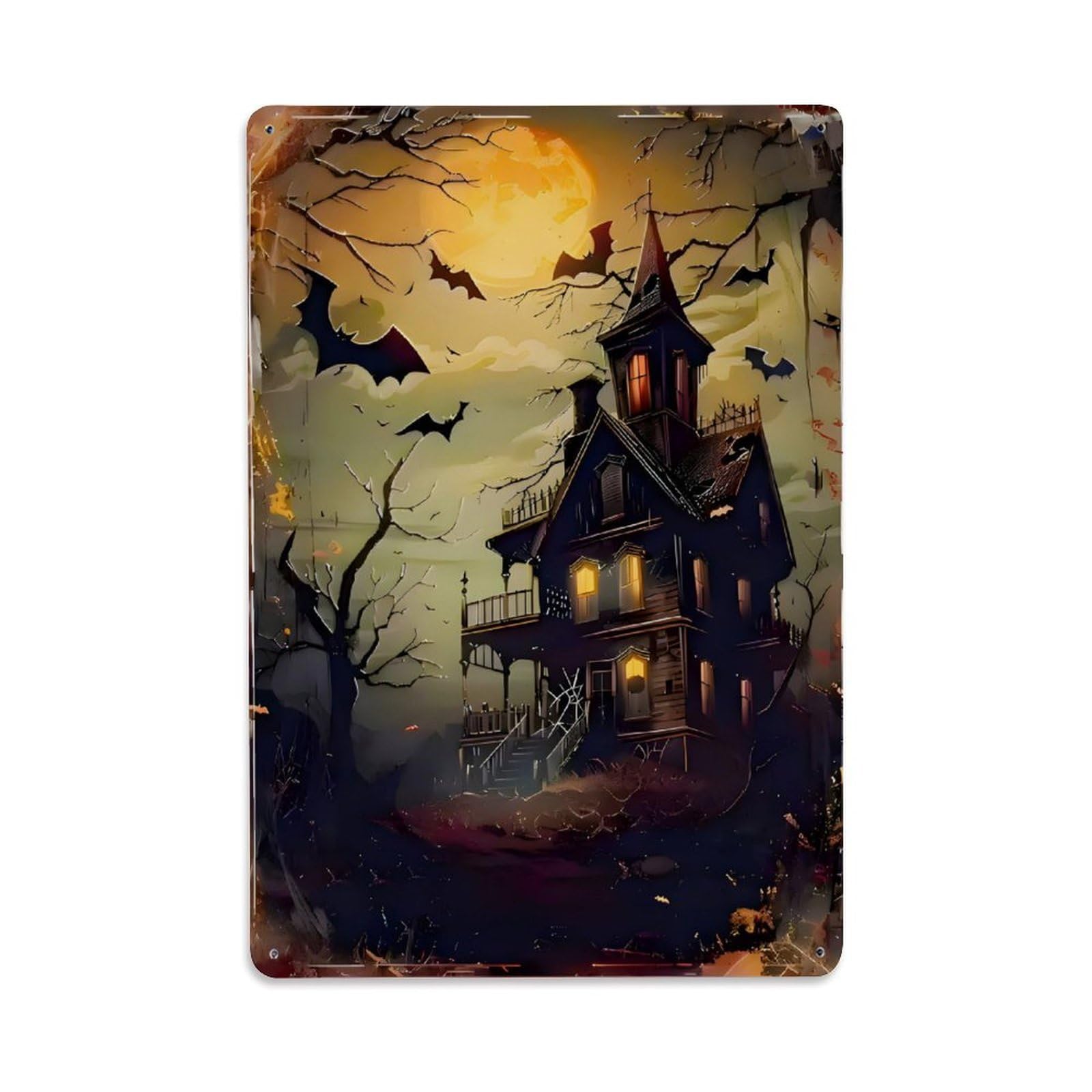 Halloween Haunted House Illustration Vintage Aluminium Metal Sign, Retro Wall Decor for Home, Bar, Garage & Farmhouse 30x20cm