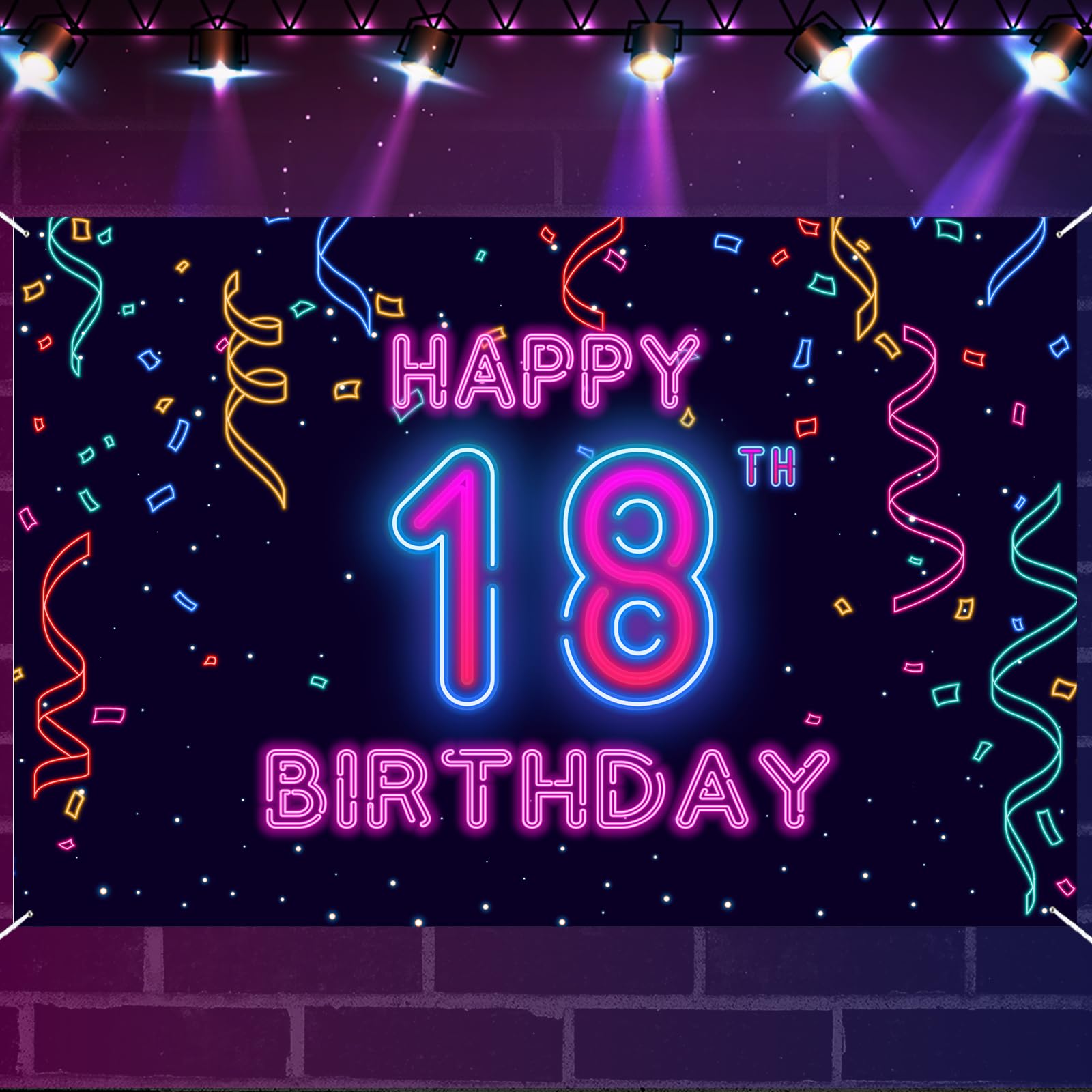18th Neon Glow Happy Birthday Banner Let’s Glow Banner Backdrop Decorations for Girls Boys Women Men Cheer to 18 Years Neon Themed Birthday Party