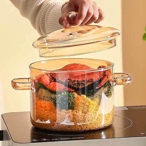 Miniatura 7 de Olla de vidrio transparente para estufa, sartén de doble asa con tapa para fideos de pasta, sopa, leche, preparación de alimentos para bebés o