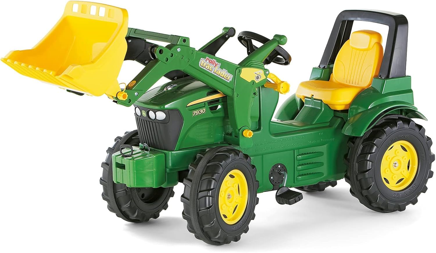 Rolly Toys rollyFarmtrac John Deere mit Frontlader, Seilwinde und Blinklicht (3-teiliges Set, Trettraktor für Kinder ab 3 Jahren mit Zubehör) 710454