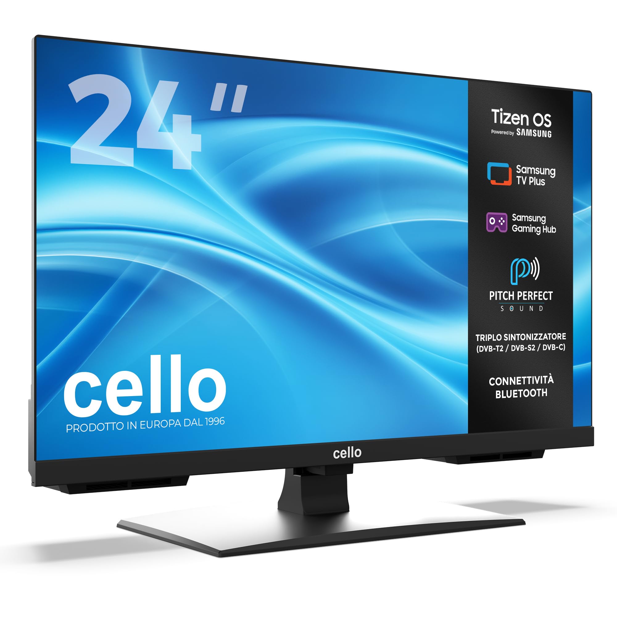 Cello C2426TZH TV LED Smart da 24" senza cornice con Tizen OS di Samsung, Bluetooth, Gaming Hub, altoparlanti Pitch Perfect, ideale per cucina, camera da letto e piccoli spazi, triplo sintonizzatore
