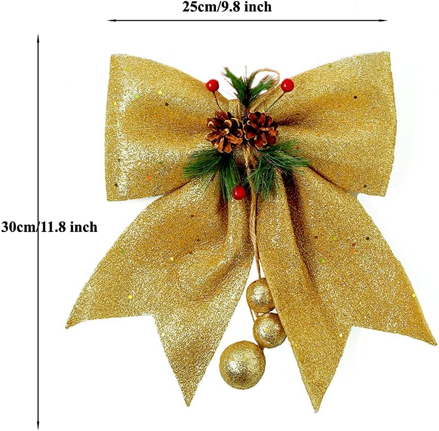 1Pcs Large Glitter Christmas Bow with Pine Cone 25x30cm Tree Topper Wreath Garland Decorations for Holiday Home Decor - Image 3