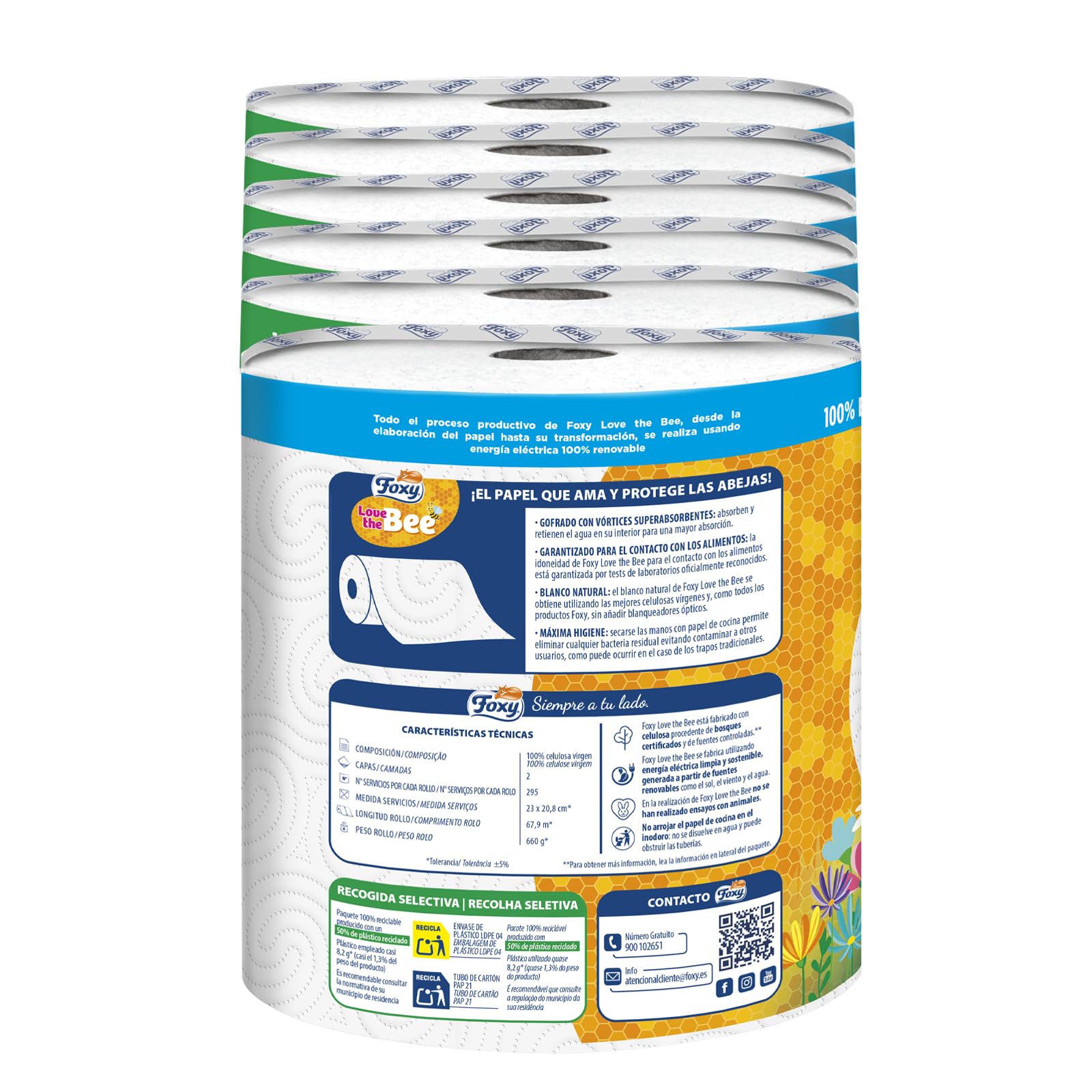 Foxy Love the Bee | 2 strati | Carta da cucina 6 rotoli | 295 servizi per ogni rotolo | Certificazione FSC | 100% Energia elettrica rinnovabile | Confezione riciclabile prodotta con plastica riciclata