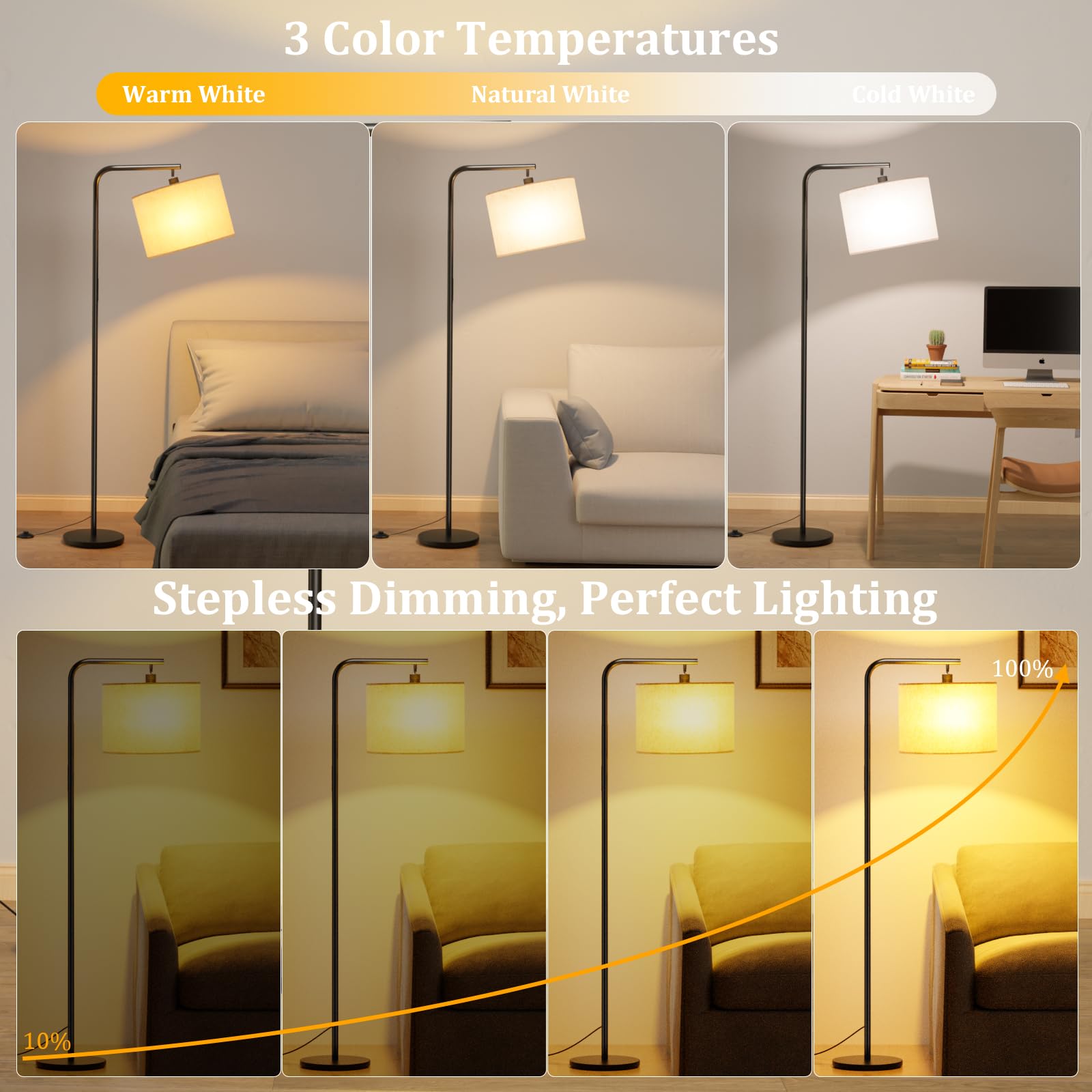 Lampara de Pie Salon Regulable - 11 Temperaturas, Control Remoto & Interruptor de Pie, Bombilla LED 8W Energía Eficiente, Amigable con Ojos, Perfecta para Sala de estudio, Dormitorio y Oficina