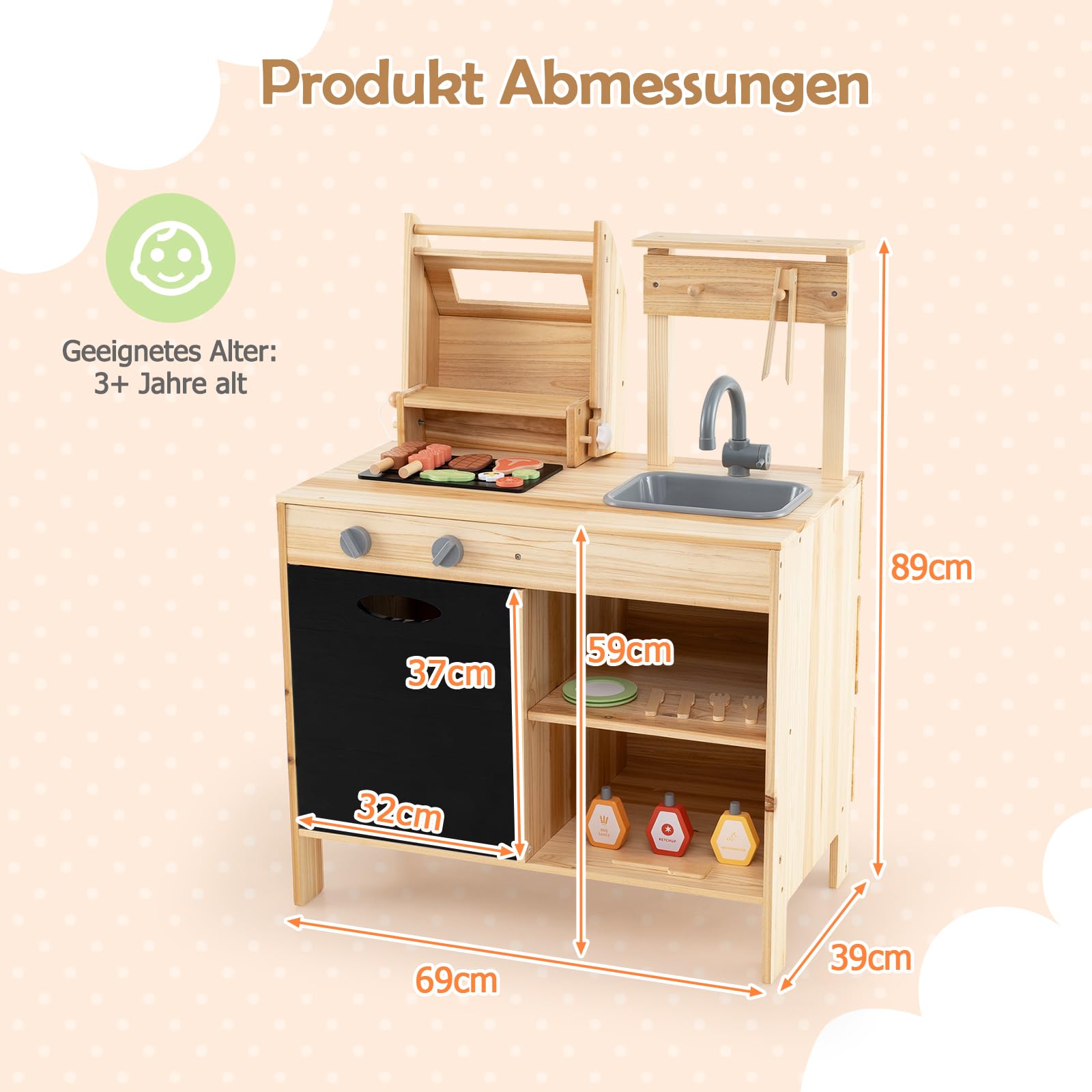 DREAMADE Matschküche Kinder Outdoor, Outdoorküche mit BBQ-Grill & Waschbecken & Tafel, Outdoor Küche Kinderküche aus Tannenholz mit 27 TLG. Zubehör für Kinder ab 3 Jahren