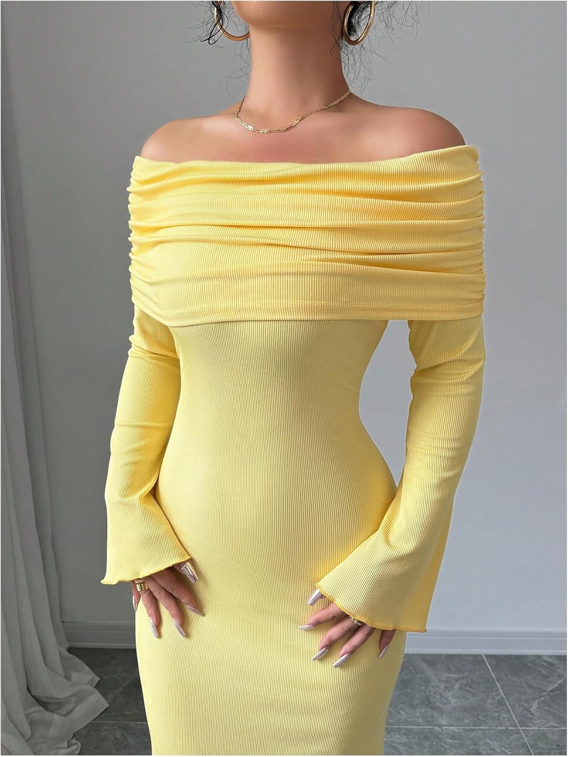 GORGLITTER Women's Off Shoulder Bell Long Sleeve Maxi Dresses Elegant Classy Fall Mesh Birthday Long Fishtail Dress - Image 3