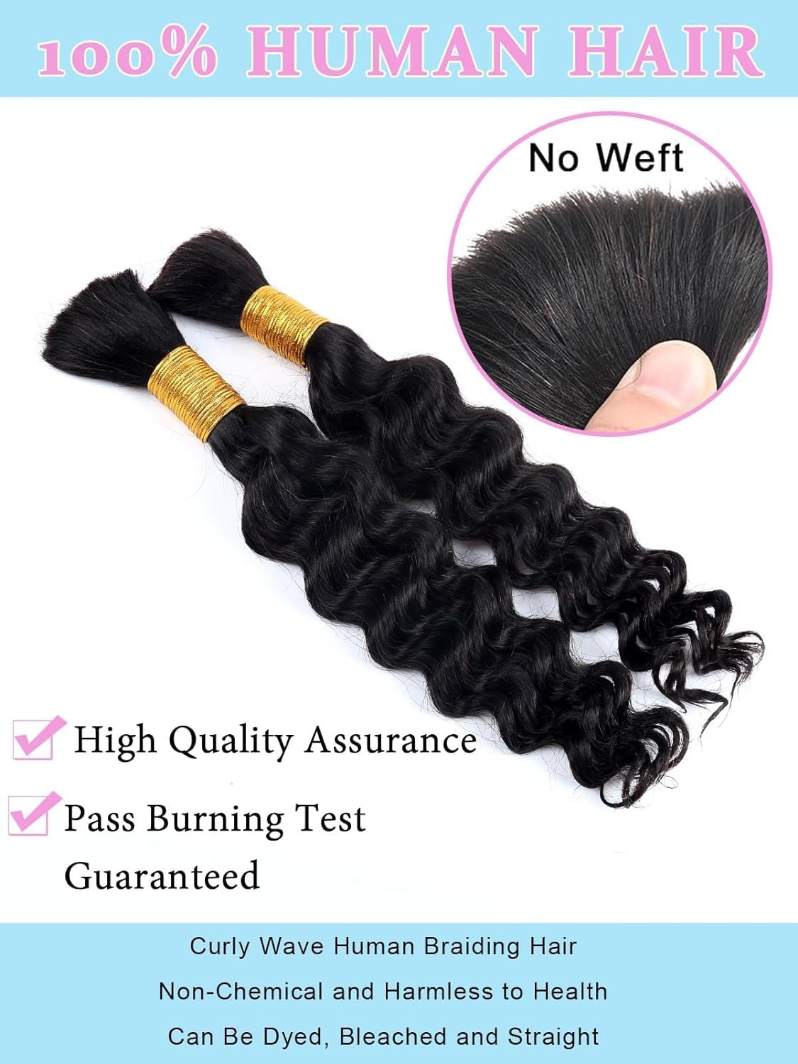 Sexycat Deep Curly Human Braiding Hair for Boho Braids 2 Bundles 22 Inch 100g,#1B Natural Black Water Wave Bulk Human Hair for Micro Braiding Wet and Wavy Human Hair Extensions - Image 3
