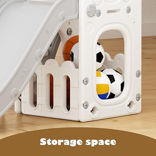 Miniatura 7 de Glaf Juego de tobogán 6 en 1 para exteriores para niños pequeños de 1 a 3 años, tobogán para bebés con aro de baloncesto y espacio de almacenamiento