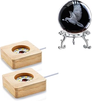 ZEERSHEE 60mm 3D Peace Dove Crystal Ball Figurine with Stand & Pack 2 Wooden LED Light Display Base Decor for Home Table