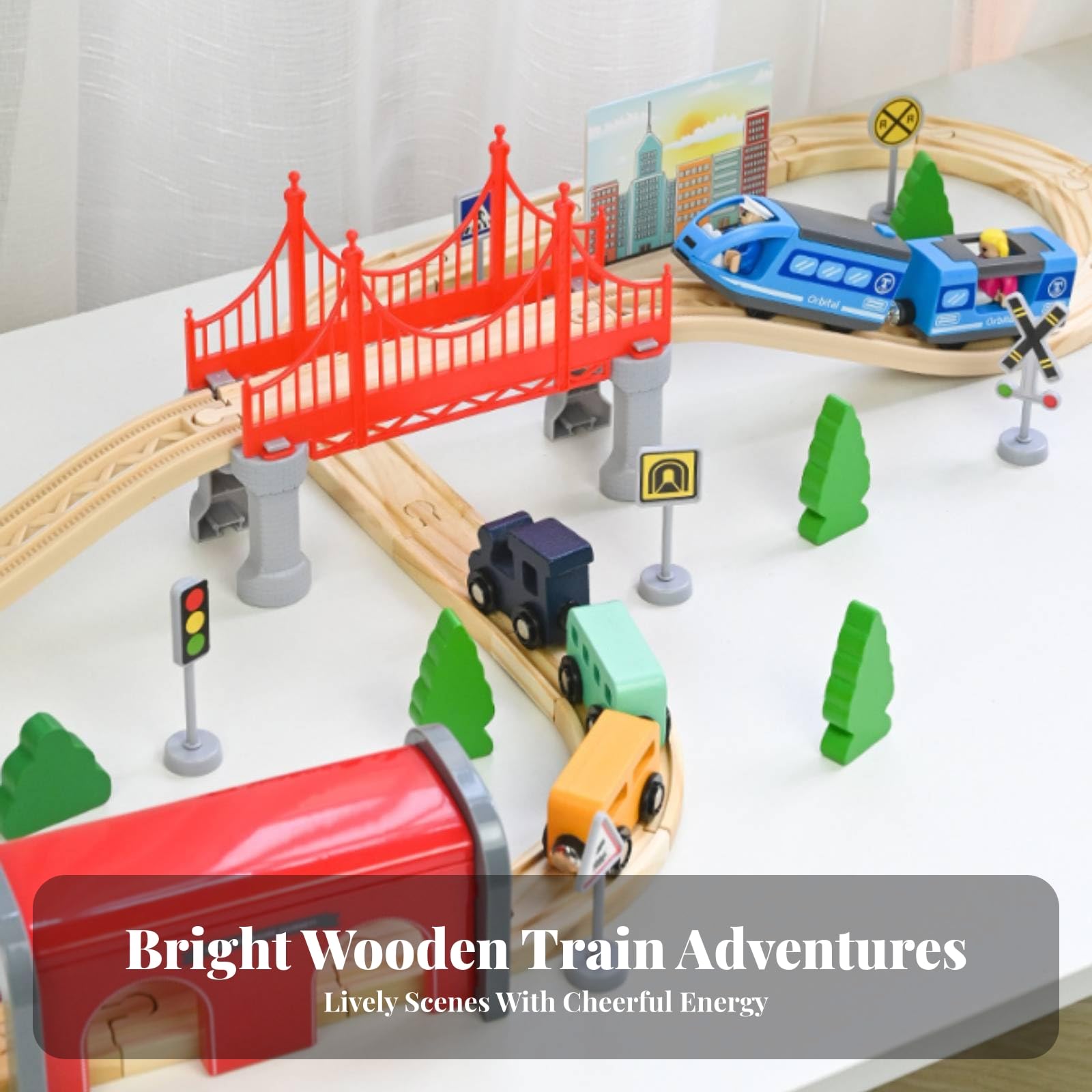 Pista Tren Madera Accesorios Incluidos Vías Encajables Madera Pasaje Subterráneo Rojo Accesorio vía Tren