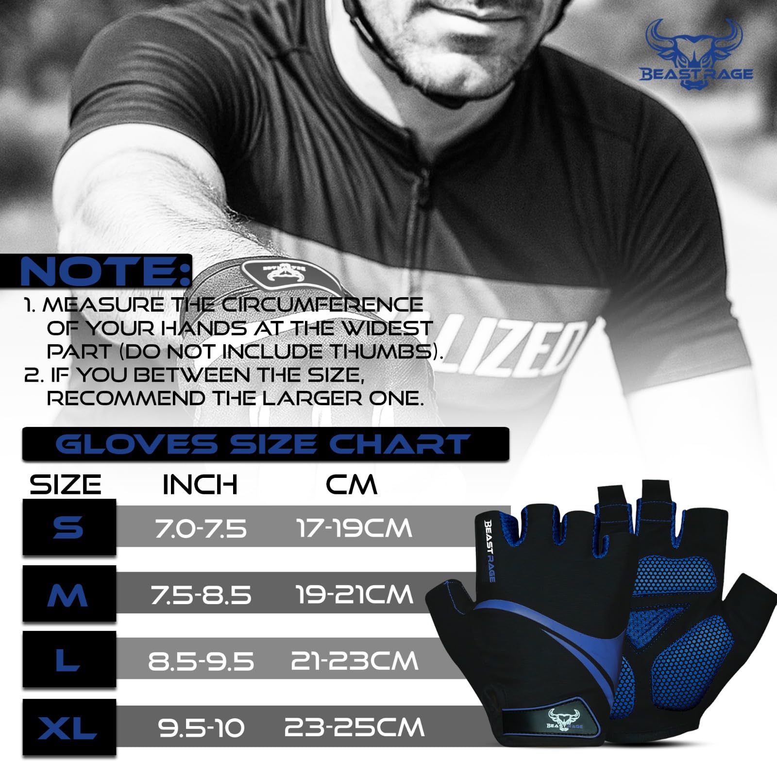 BEAST RAGE Guantes de ciclismo de medio dedo para hombres y mujeres, guantes de bicicleta transpirables sin dedos con palma antideslizante, absorción de golpes, acolchado de gel para ciclismo de