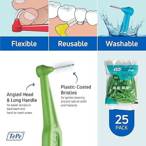 Miniatura 5 de TEPE Cepillo interdental, ángulo de cepillo dental en ángulo para limpieza de dientes, paquete de 25, 0.031 in, espacios grandes, verde, tamaño 5