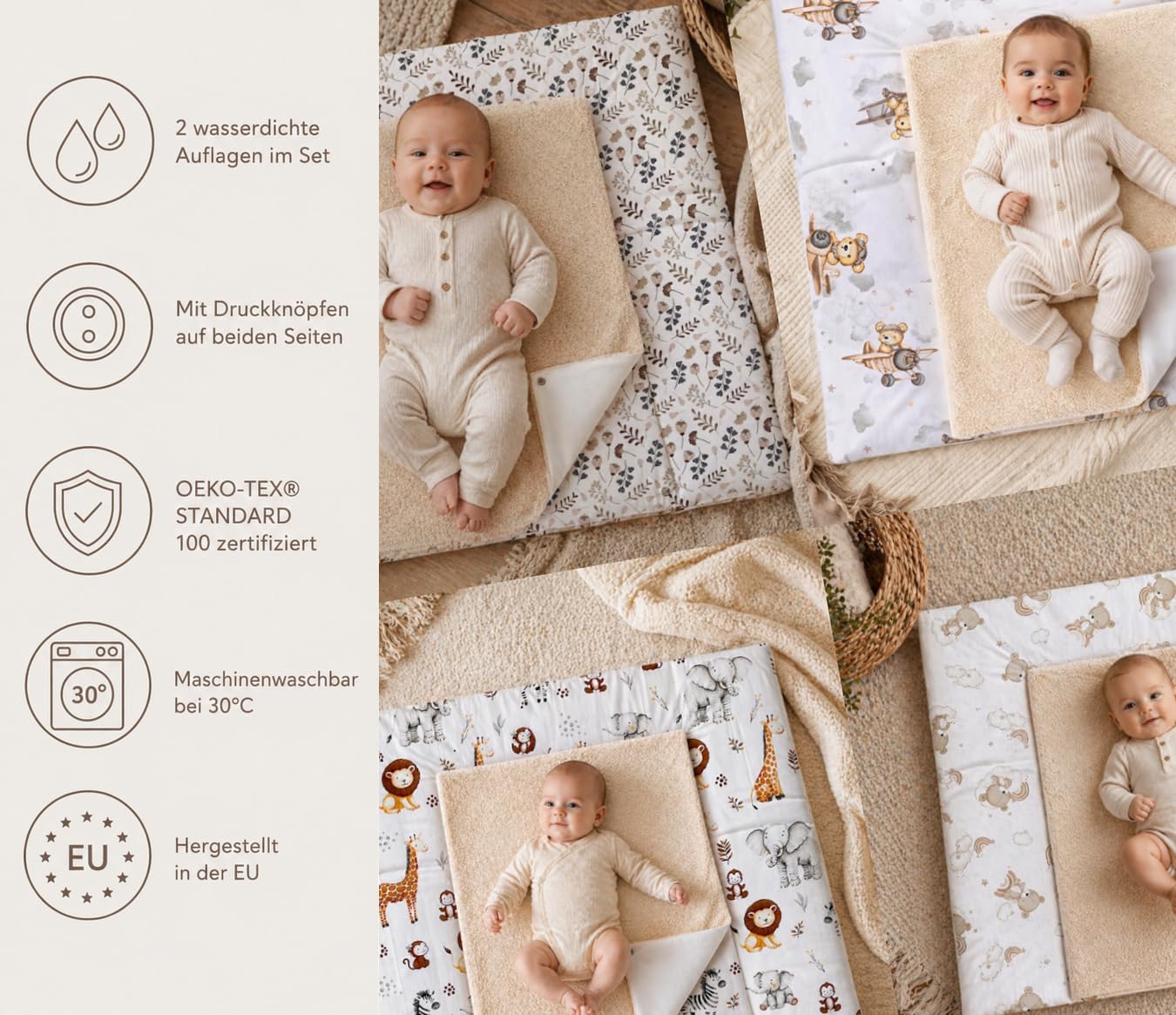 Wickelauflage mit 2 wasserfesten Frotteebezügen – 3-teiliges Set mit Druckknöpfen – Baby Wickelunterlage - Wickeltischauflage aus Baumwolle – 85x75 cm (Breite x Tiefe), ZOO