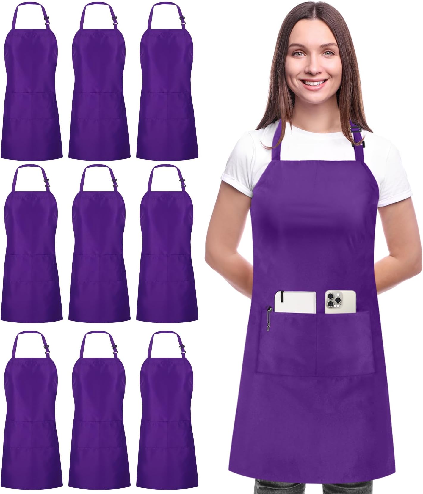Utopia Kitchen 10 Pack Bib Apron Adjustable with 2 Pockets, Water and Oil Resistant, Cooking Kitchen Chef Apron for Women Men