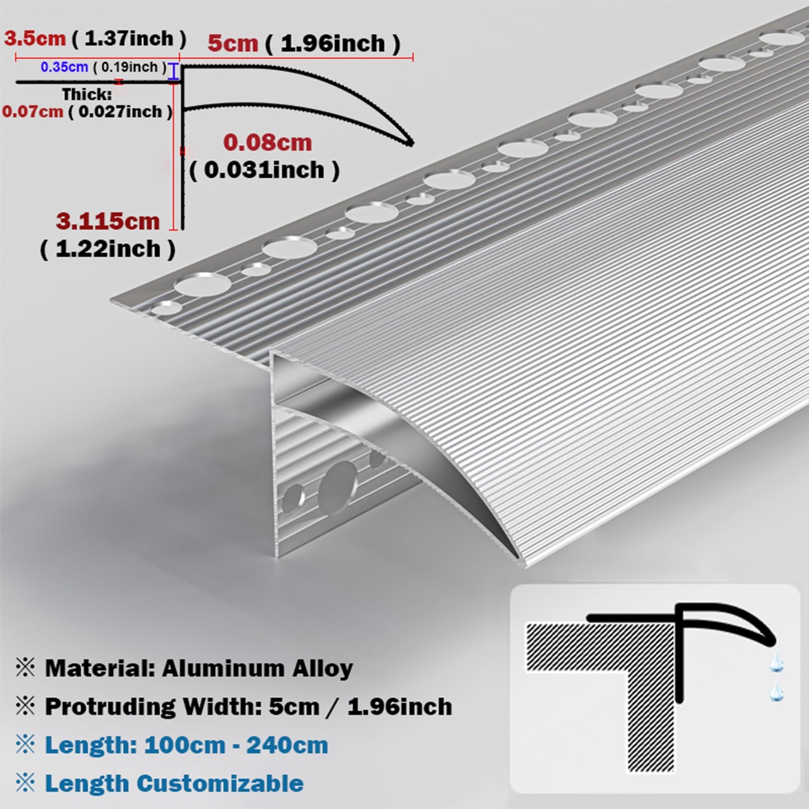 Aluminiowa listwa ociekowa do okapów dachowych, ścian zewnętrznych i progów okiennych, trwała listwa odpływowa do ochrony przed warunkami atmosferycznymi