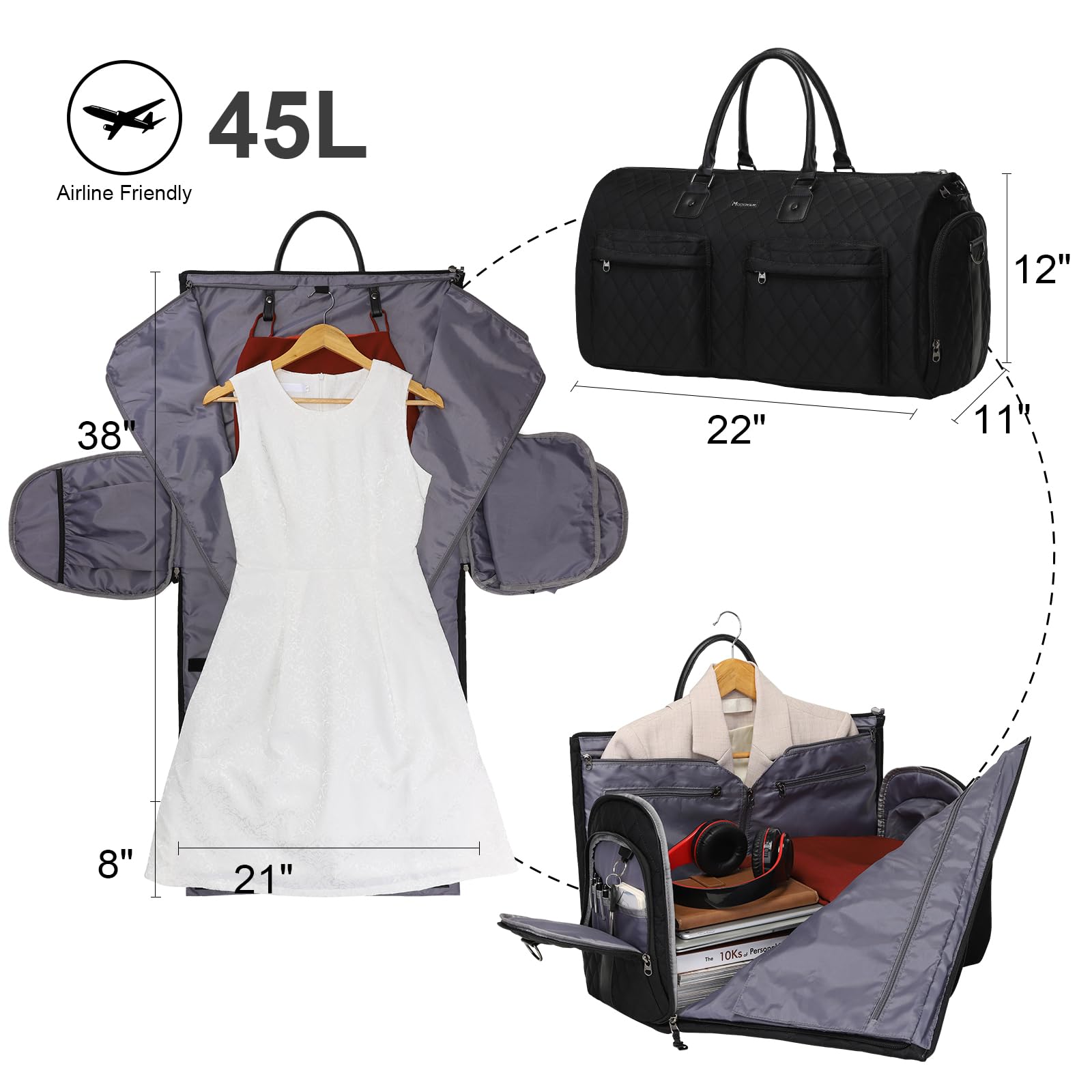 Umwandelbare Kleidersäcke für Damen für Reisen, Modoker Wasserdichter Handgepäck-Kleidersack Kleidersack – 2-in-1-Hängekoffer-Anzug-Reisegepäcktasche, Schwarz