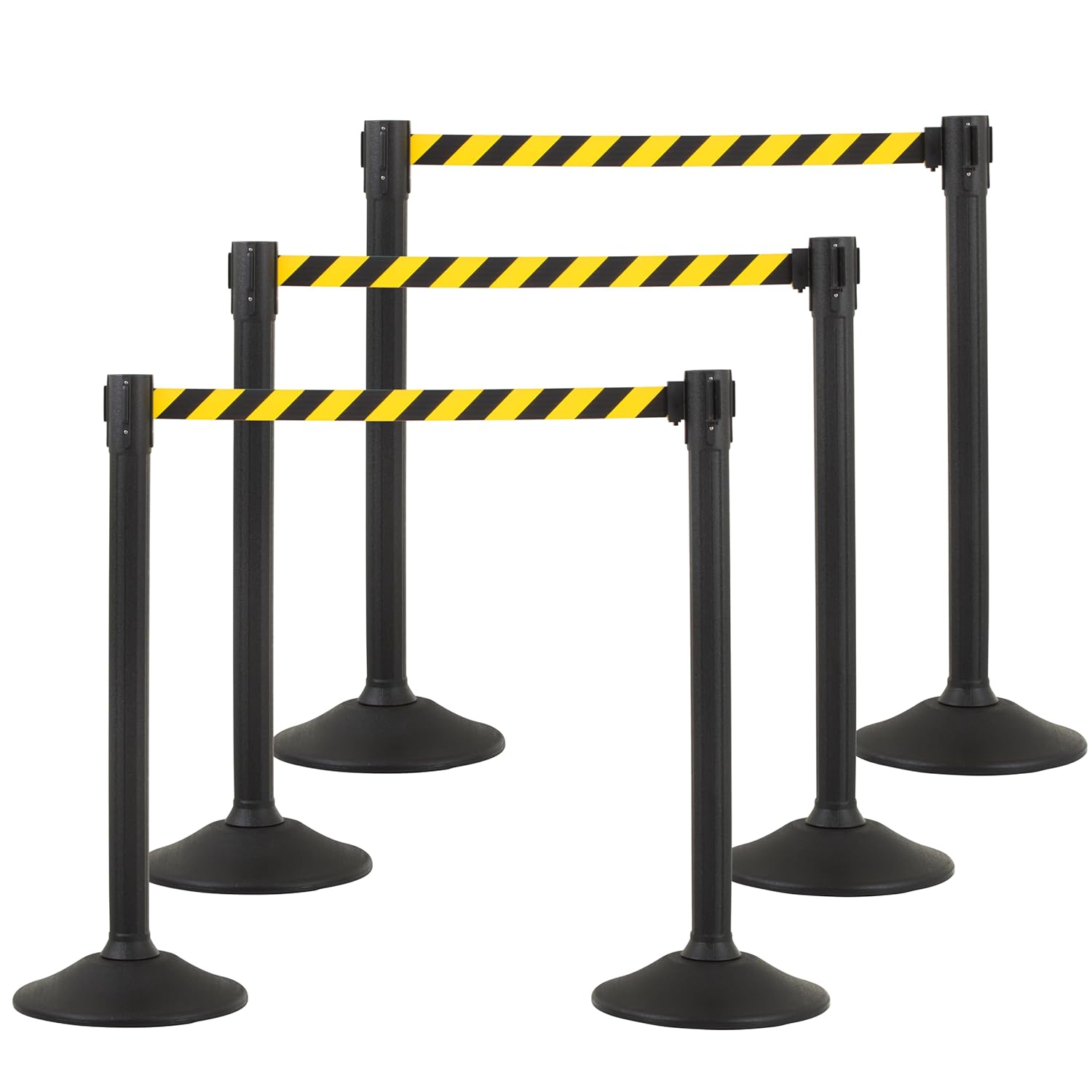 US Weight Black Plastic Stanchion for Crowd Control with 6.5' Retractable Black Barrier Belt with Tool-Free Assembly and UNIVERSAL BELT ENDS that Fit Most Brands - Pack of 6 - Made in the USA