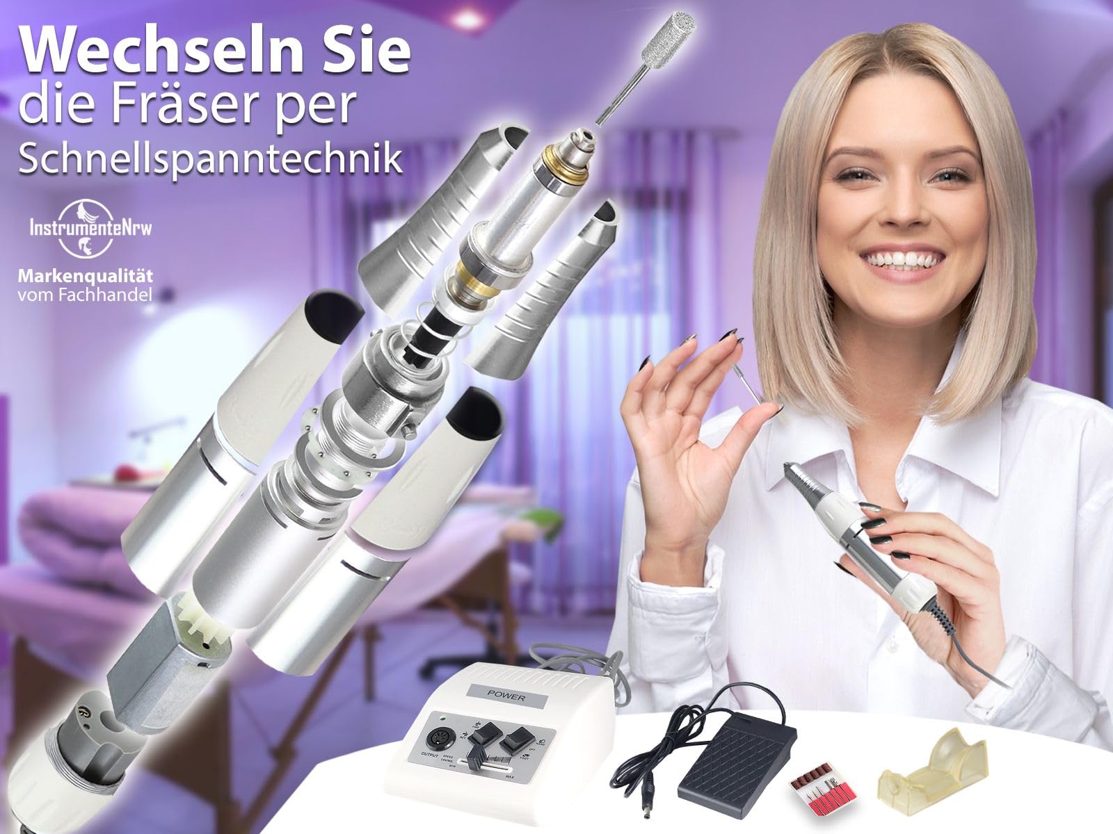 Fußpflegegerät mit 30er Diamantschleifer Set für die Hand- oder Fußpflege | Einsteiger Set für zu Hause mit Schleifgerät 30.000 Umdrehungen pro Minute und Nagefräser-Bits