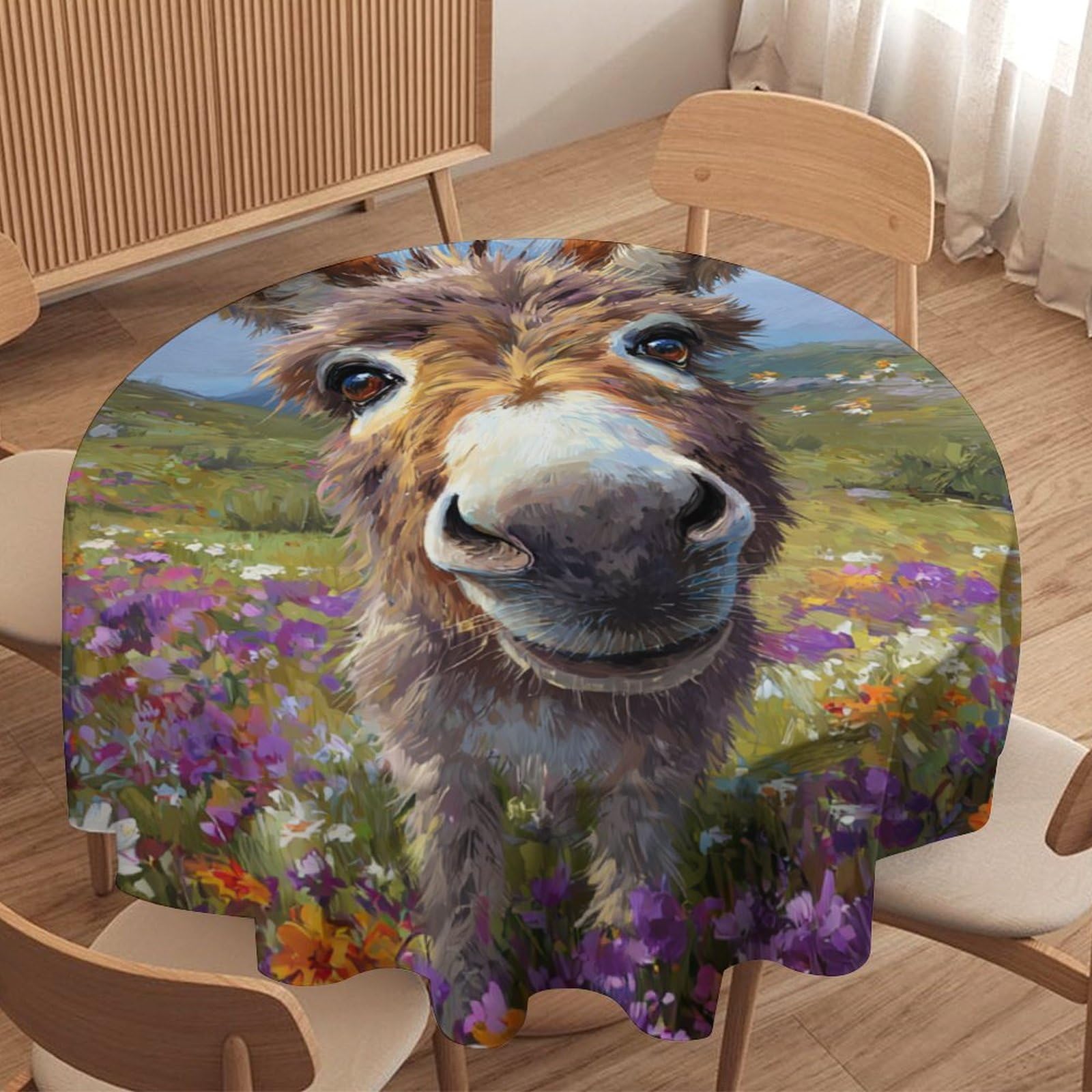 LUYYSKY Cute Funny Donkey Waterproof Round Tablecloth Realistic Oil Painting Spring Fields Daisies Floral Animal Donkeys Washable Table Cover for Kitchen-70 Wx70 L