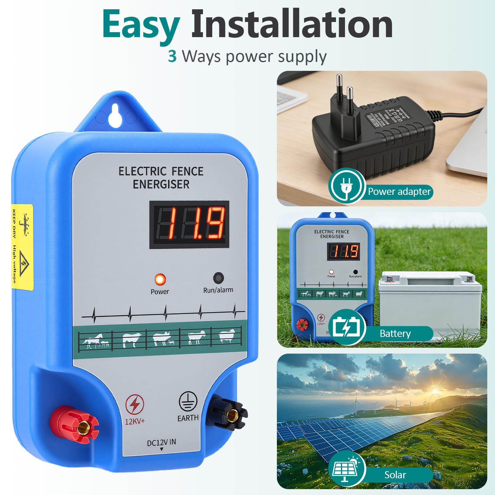 15KM Pastor Electrico 12V, 2.0J de Alta Potencia Pastor Electrico Bateria para Ganado y Animales Cerca Con Pantalla Led Alcance, Para La Protección De Ganado Ovejas Aves De Corral Pastos Jardines
