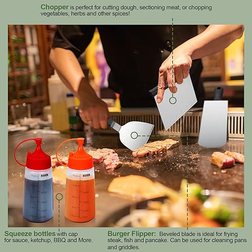 Miniatura 6 de Juego de 19 accesorios para parrilla, juego de accesorios de parrilla plana de acero inoxidable para Blackstone y Camp Chef, juego de espátulas para