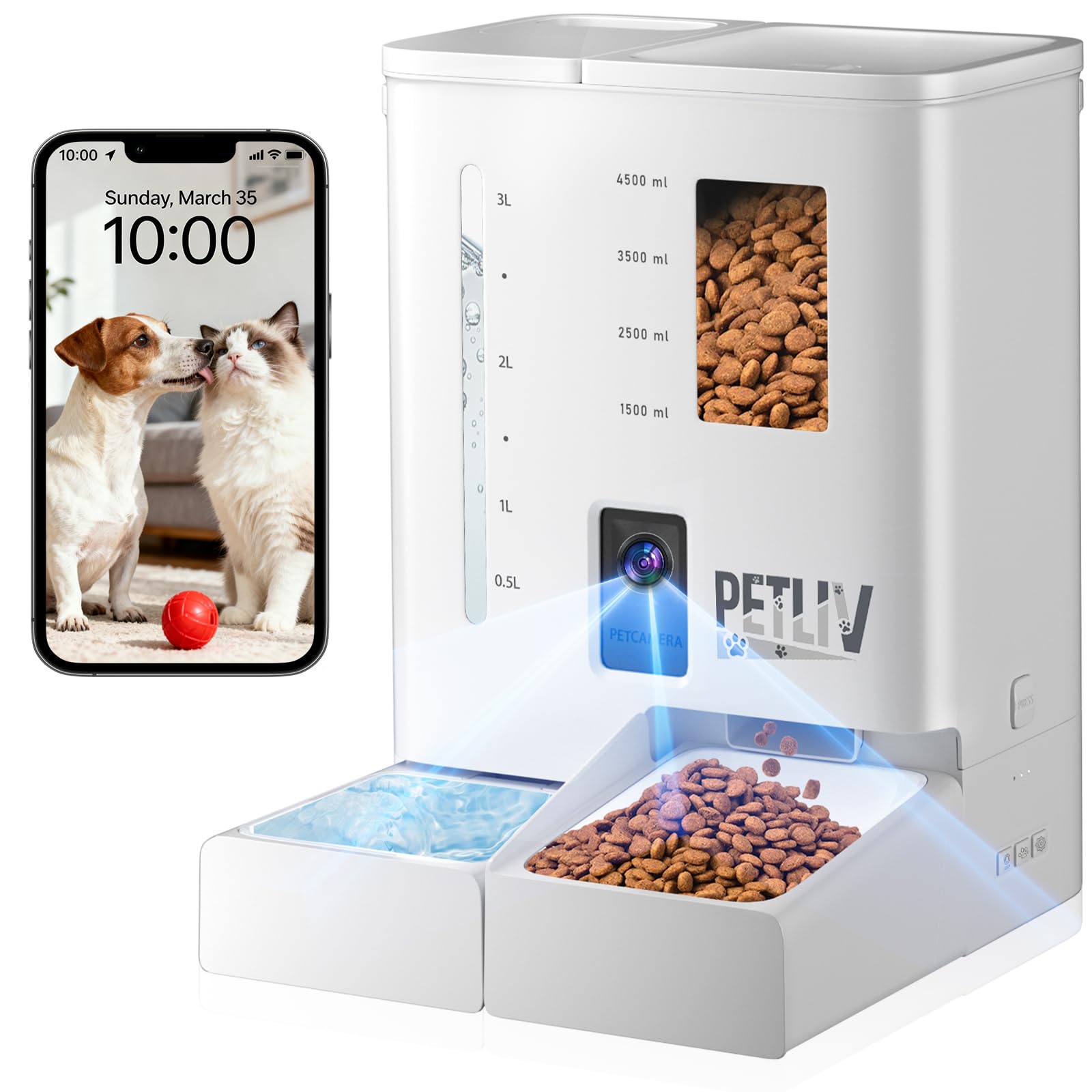 PETLIV Distributore Automatico Cibo Gatti,5L Cibo e 4L Acqua Automatico Gatti con WiFi,2K Telecamera con Visione Notturna,Controllo App,con Audio Bidirezionale,1-30 Porzioni
