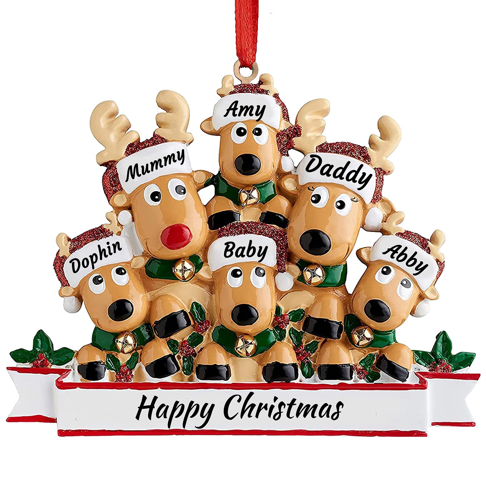 Adorno de árbol de Navidad Personalizado con Familia de Ciervos de 2, 3, 4, 5, 6, 7 y 8 Piezas, Nombre Personalizado, Lindo Reno de Papá Noel, 2024