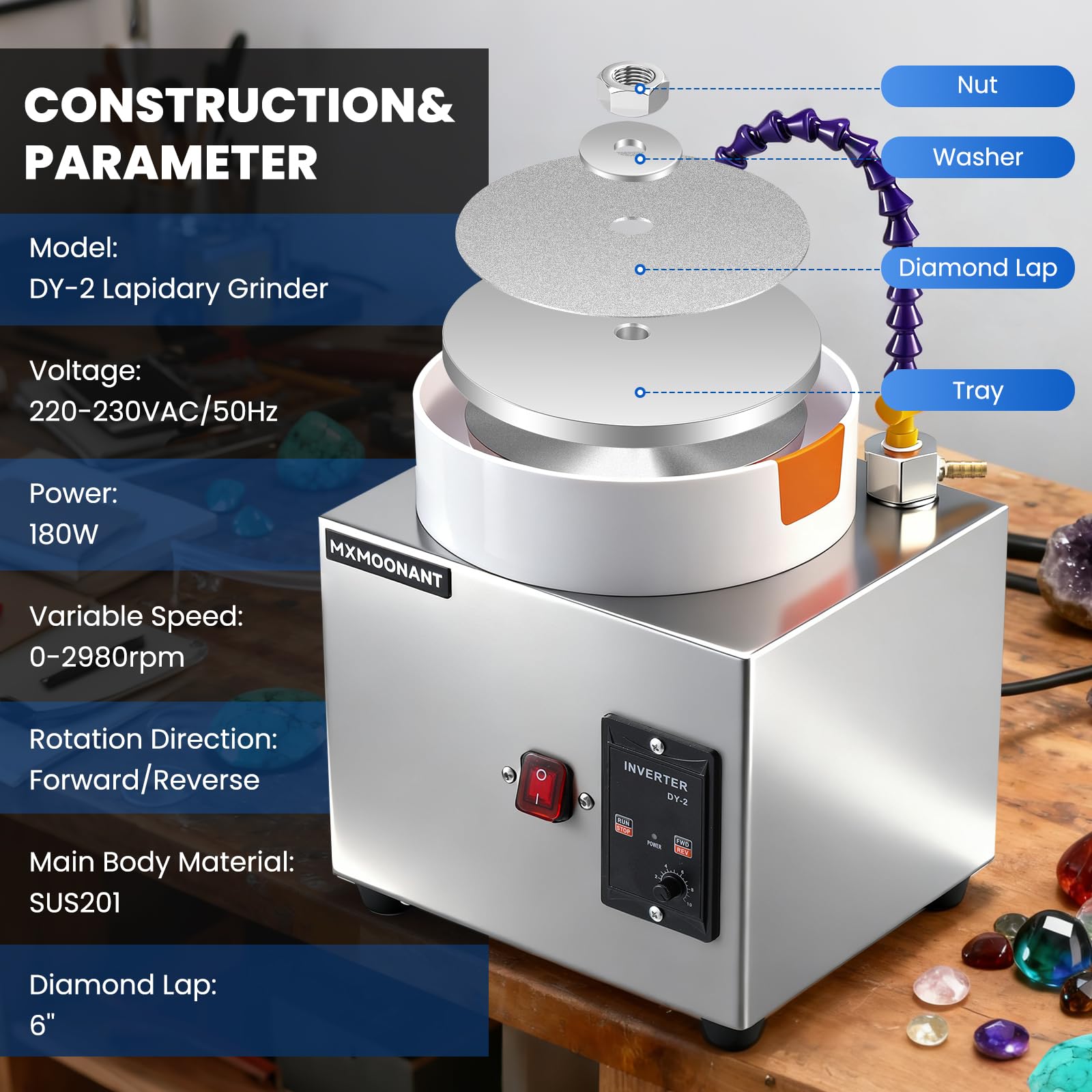 Mxmoonant 6-Zoll-Flachschleifmaschine 2980 U/min mit 5 Schleifscheiben, einstellbare Richtung und Geschwindigkeit, ideal für Edelsteine