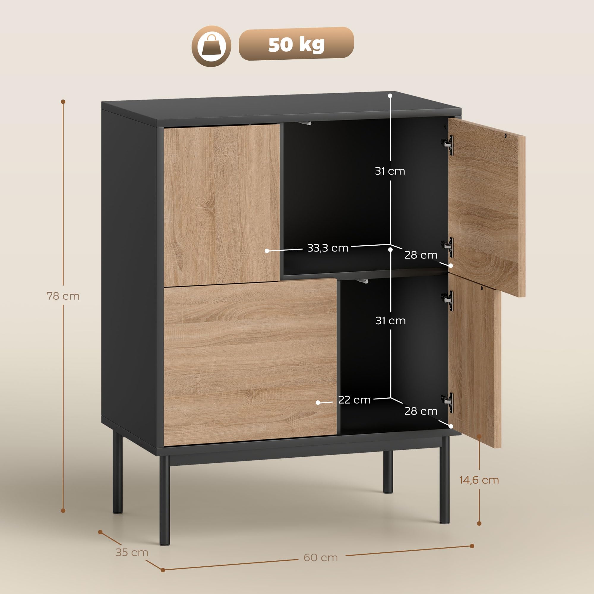 HOMCOM Sideboard z drzwiami PTO 60x35x75cm Czarny+Naturalne drewno