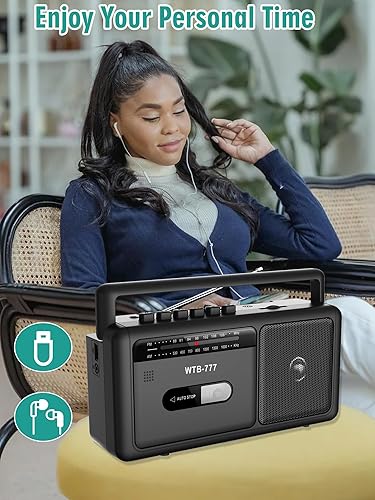 Miniatura 5 de WTB-777 Reproductor de casete portátil Boombox, radio AMFM estéreo con Bluetooth, USB, grabador, conector para auriculares, alimentación CCCA,