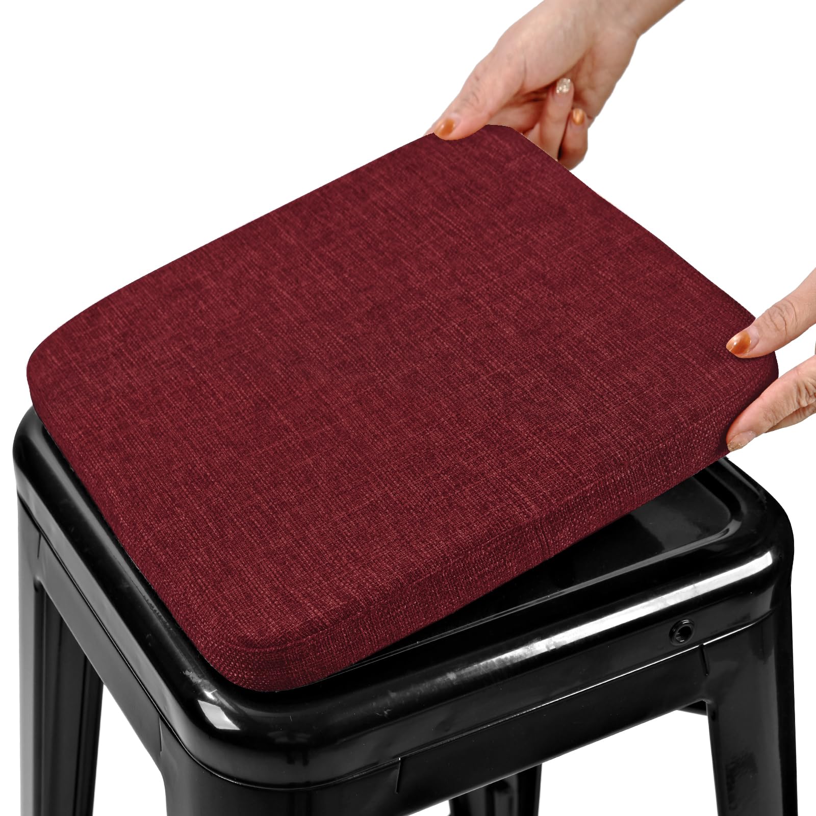 BUYUE Friendly Woven Fabric Magnetic Bar Stool Cushion 1 Piece, Enhanced Anti-Slip Breathable Small Chair Seat Pad for Café Bistro Stackable Metal Stool (Square, Red, 1)