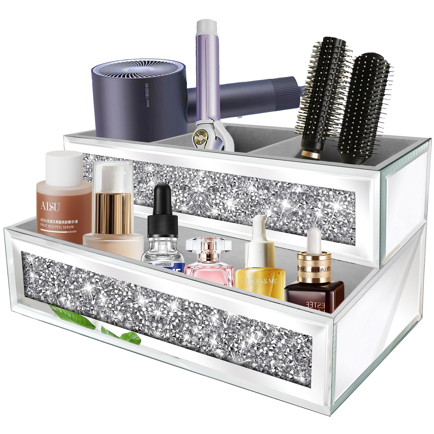 Spiegel-Haartrockner-Halter, Kristall-Diamant-Haar-Werkzeug-Organizer, Wandhalterung, silberfarbenes Badezimmerschrank-Tablett für Föhne, Haartrockner, Glätteisen, Make-up, Pinsel. (26,7 x