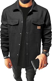 Men's Sherpa Shirt Jacket Flannel Shackets Casual Long Sleeve Lightweight Wool Blend Coats with Pocket