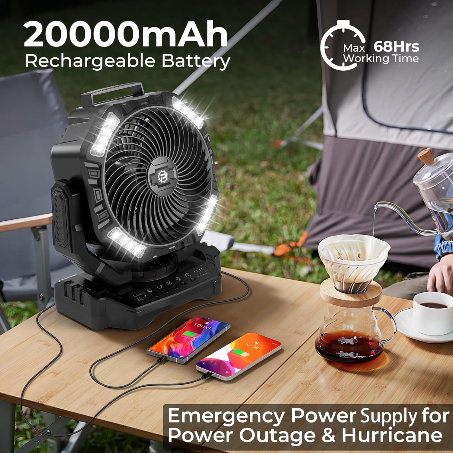 68HRS Running Camping Fan with Light, 20000mAh Battery Rechargeable, Powerful 4 Speeds & Auto Oscillating, Timer & Hook, for Travel Tent RV Emergency Hurricane Jobsite Garage, Co-Branded with AMACOOL