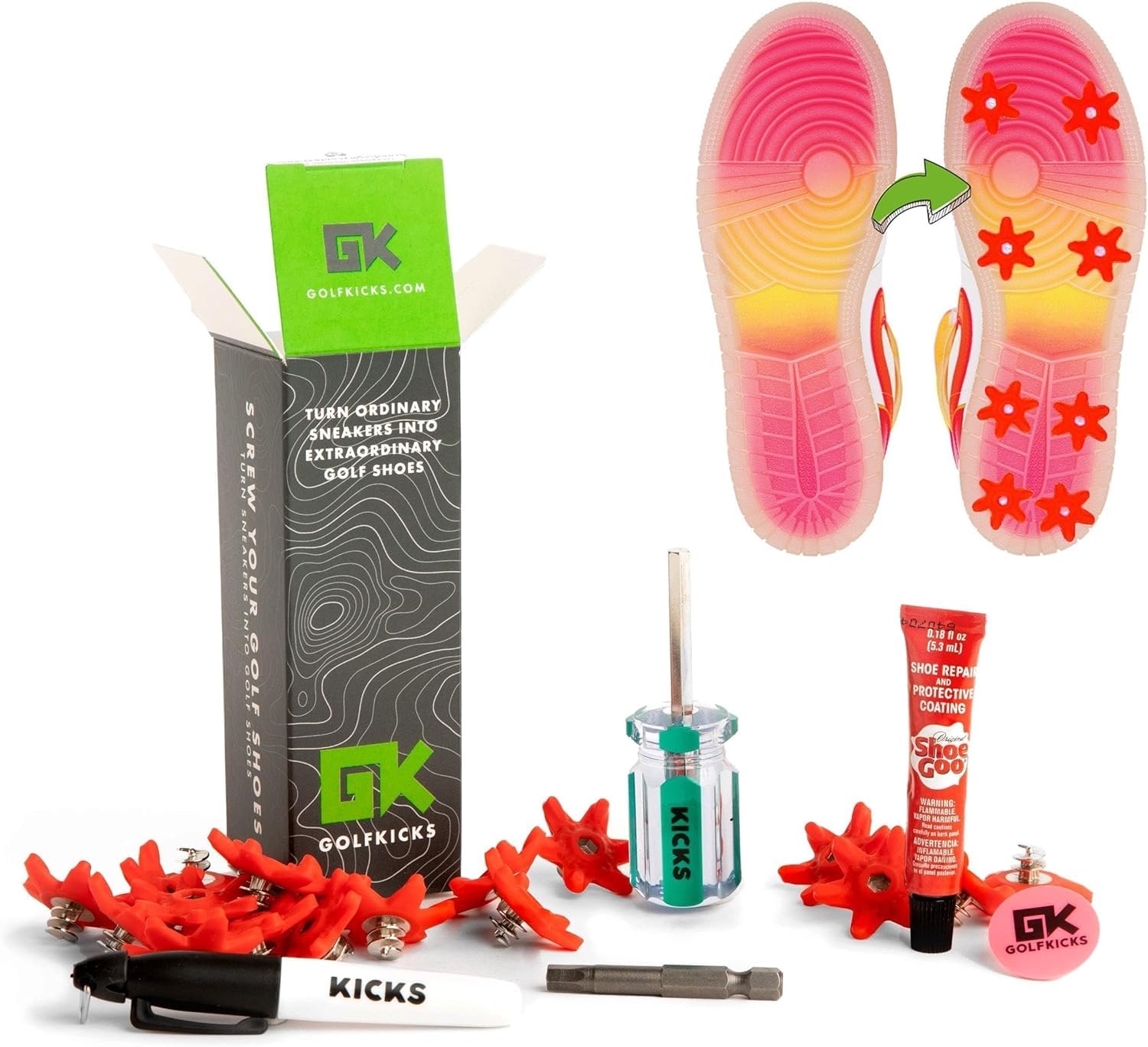 GolfkicksGolfkicks Golf Traction Kit for Sneakers with DIY Golf Spikes - Add Golf Cleats to Any Shoe, 20 Count - As Seen On Shark Tank - Neon Red