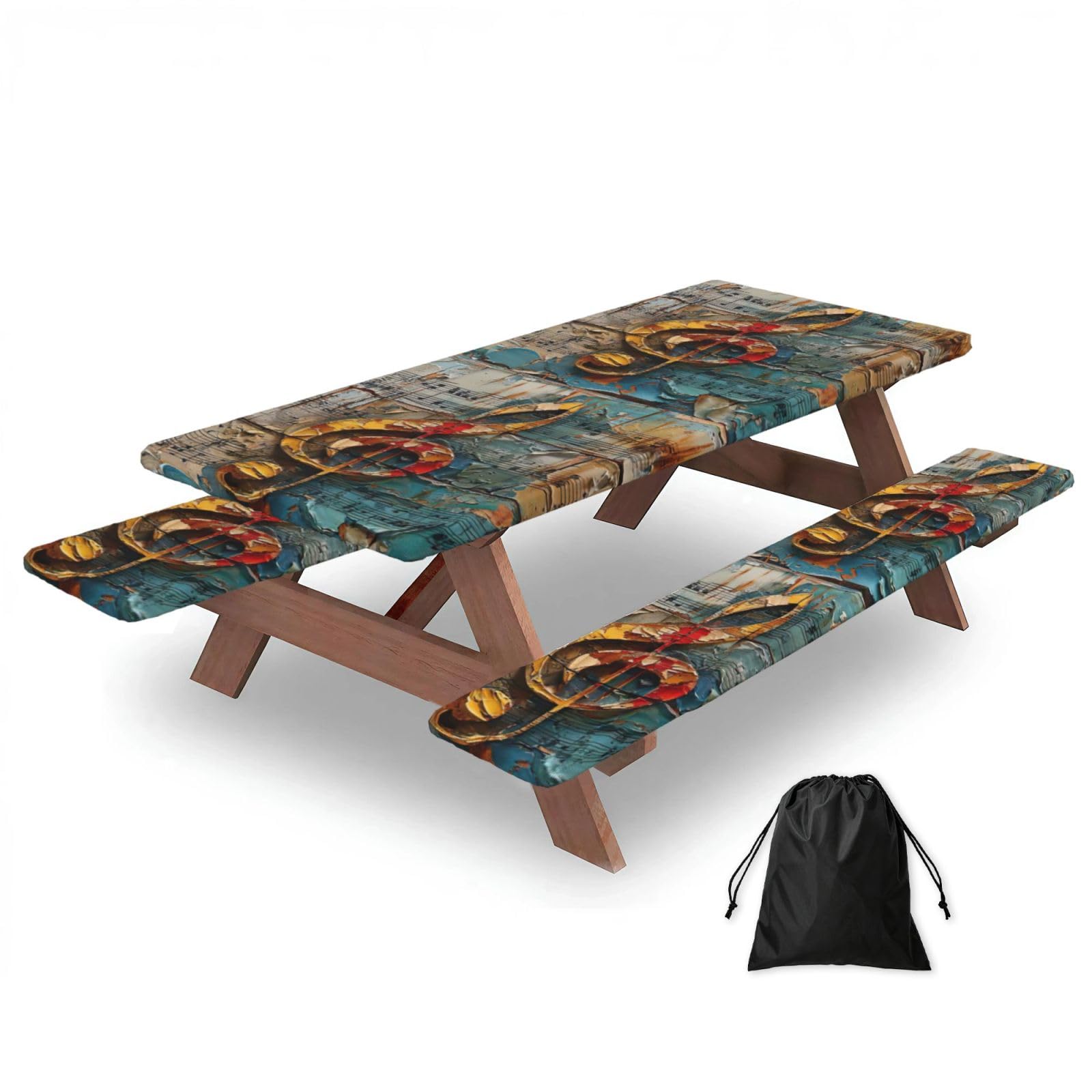 Zyjhyy Black Music Notes Print 3 Pack Wipeable Picnic Bench Cover And Table Cover Lightweight Table Cloth For Camping Outdoor