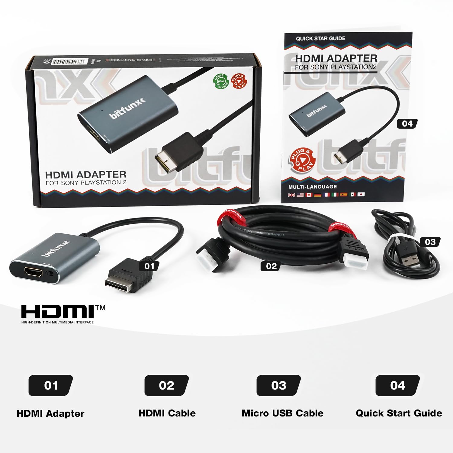BITFUNX Adattatore HDMI PS2 – Interruttore RGB integrato a YPbPr, adattatore per videogiochi Plug & Play con nessun ritardo, adattatore convertitore HDMI per console di gioco PS2