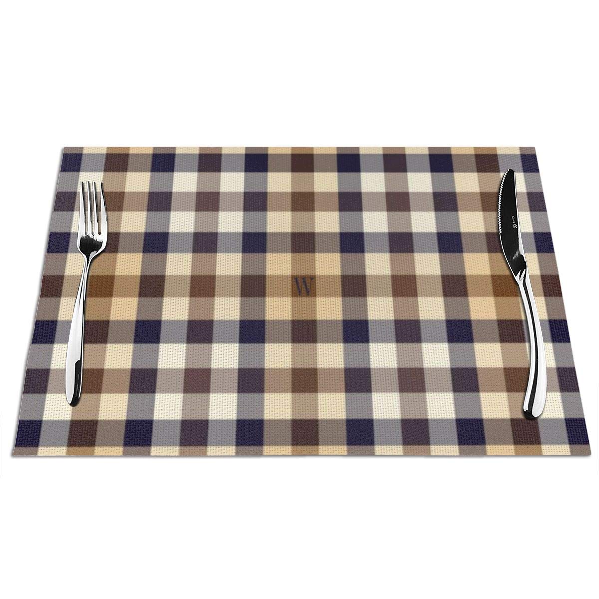 Feamo Brown Square Tan Dark Midnight Blue Checked Table Placemats Washable Non-slip Heat Insulation Woven Vinyl Table Mats for Kitchen Dinning Table Place Mats Set of 4