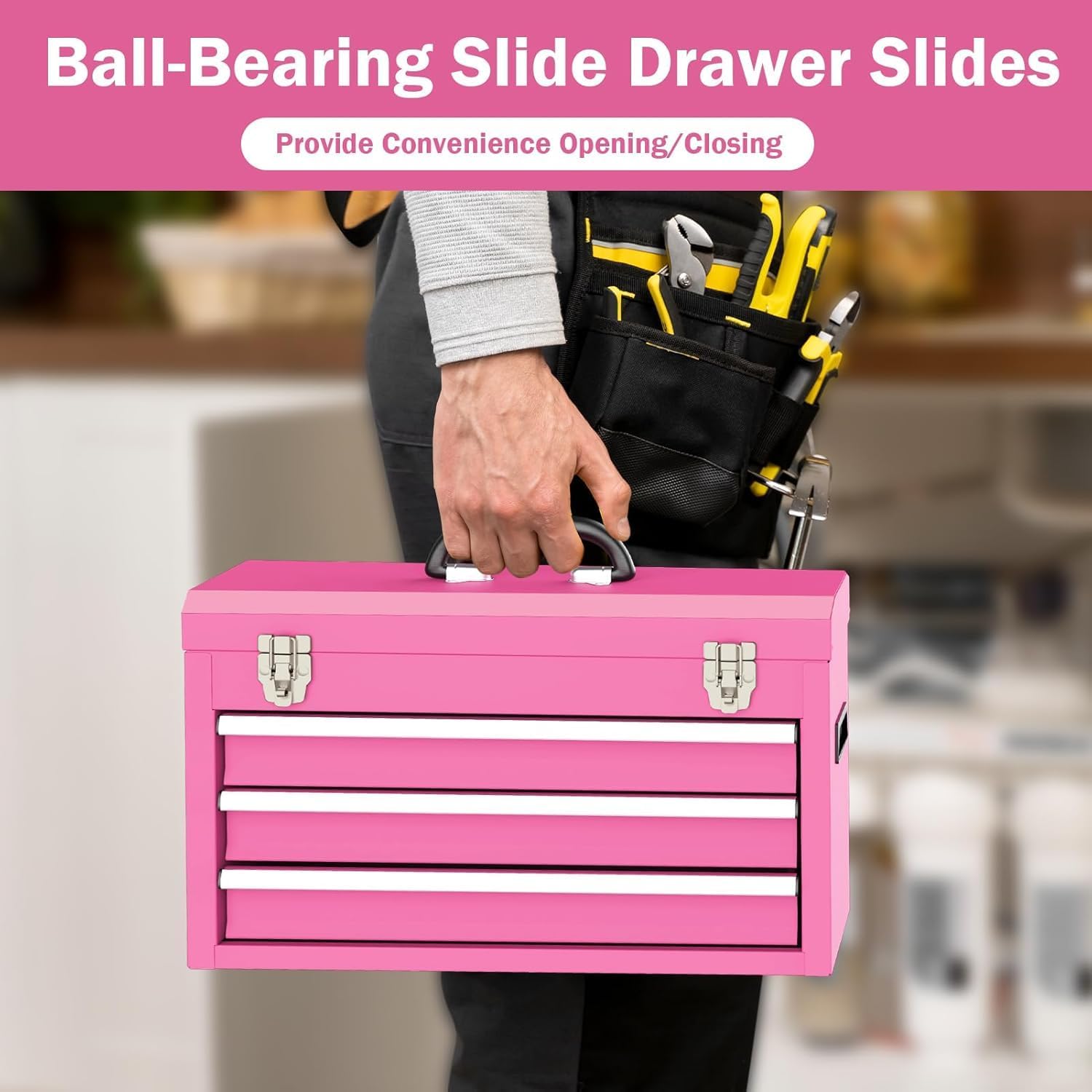 Portable Metal Tool Box, 3 Drawer Steel Tool Box with Top Storage Tray and carrying Handle, Multi-Function Tool Storage with Anti-slip Liner for Garage, Home, or Workbench, Pink