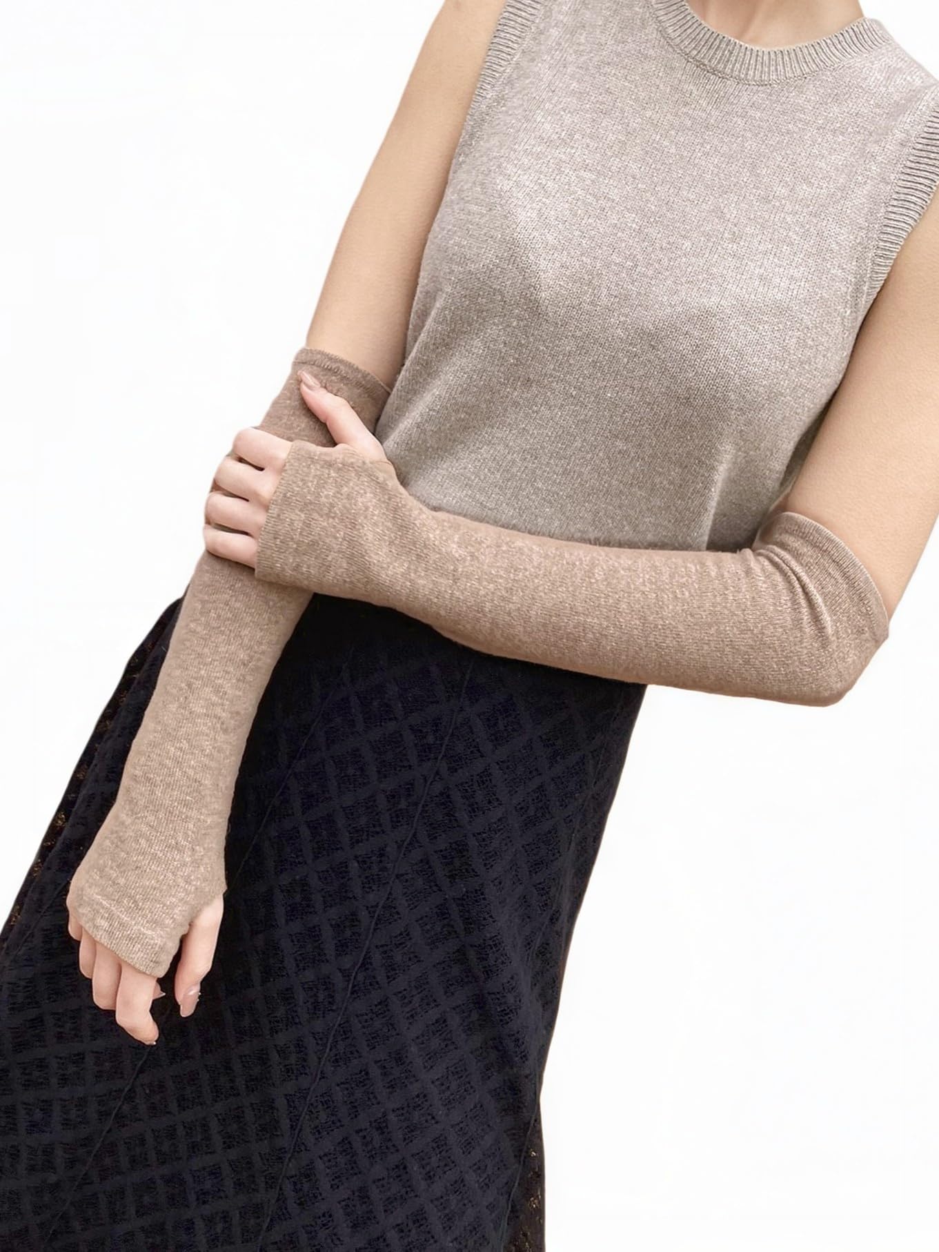 Donna 100% Cachemire Lana Manicotti Scaldabraccia Guanti Lunghi Mezze Dita Cashmere