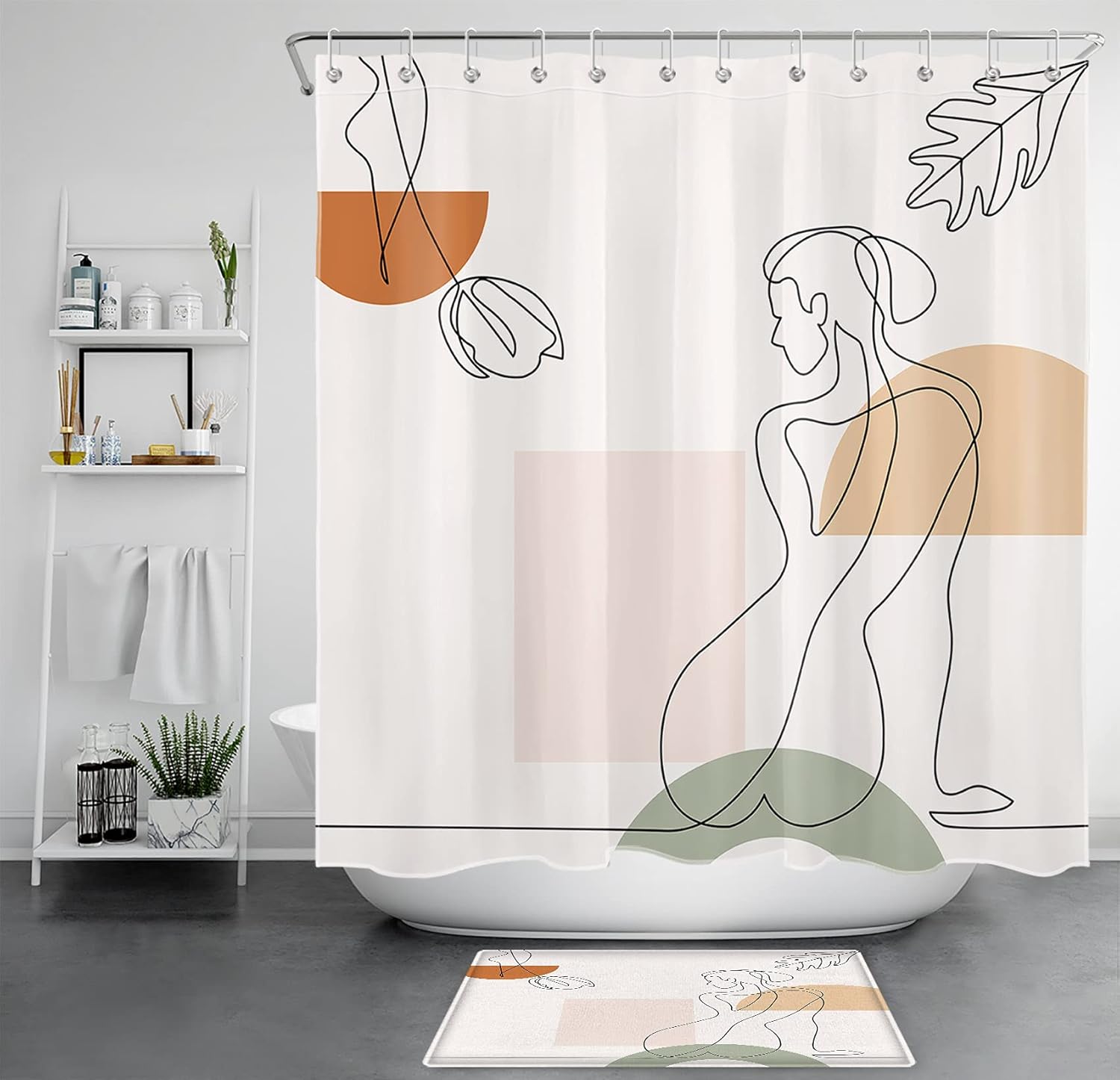 HVEST Mid Century Abstract Shower Curtain with Bathroom Rugs, Minimalist Lines Girl Modern Shower Curtain and Bath Mat, Simple Aesthetic Polyester Fabric Bathroom Shower Curtain Sets, 70X70 inches