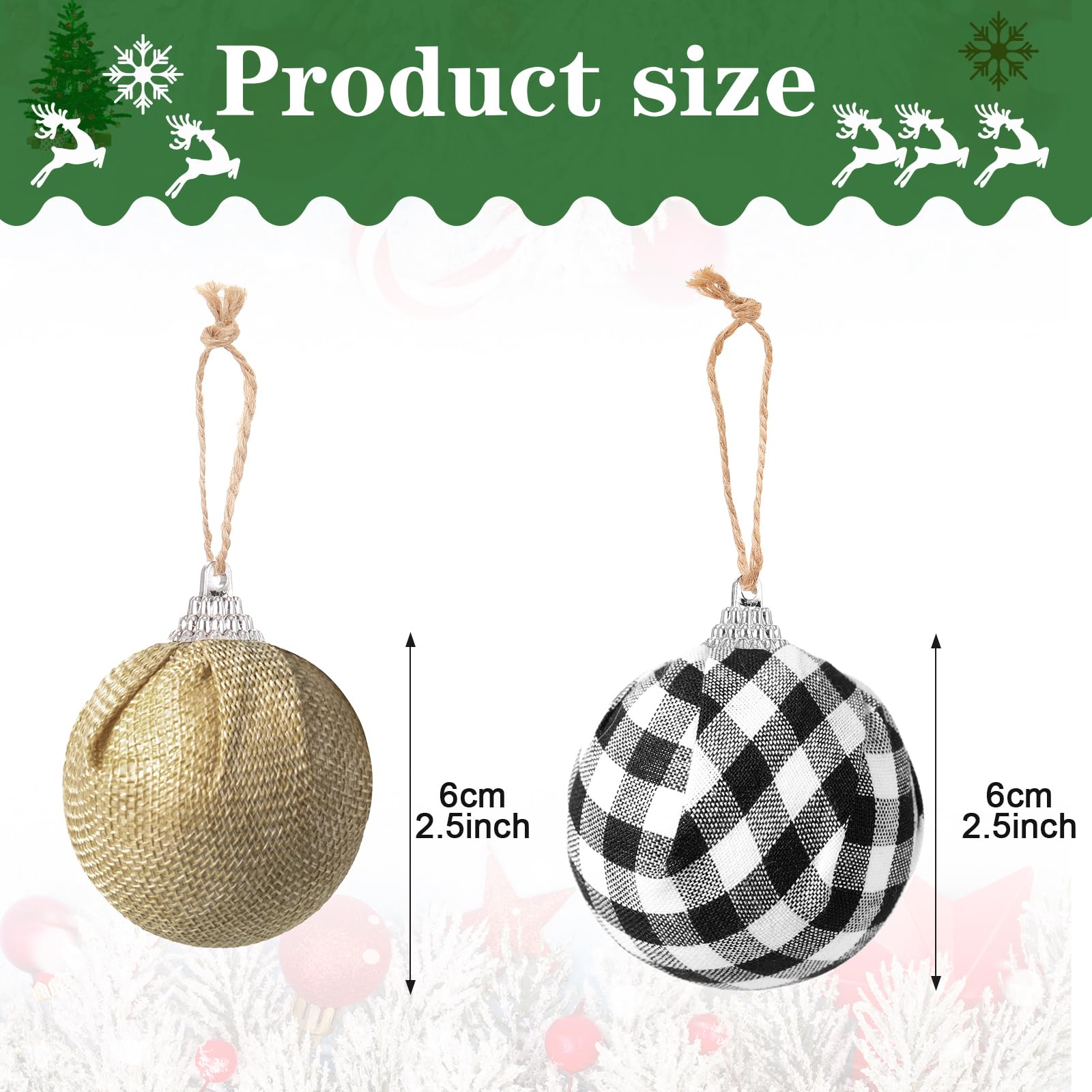 Sratte Lot de 20 décorations de sapin de Noël rustiques à suspendre en toile de jute de 7,9 à 15,2 cm, boules à carreaux rouge/blanc et noir pour décoration de Noël rustique (blanc, noir)