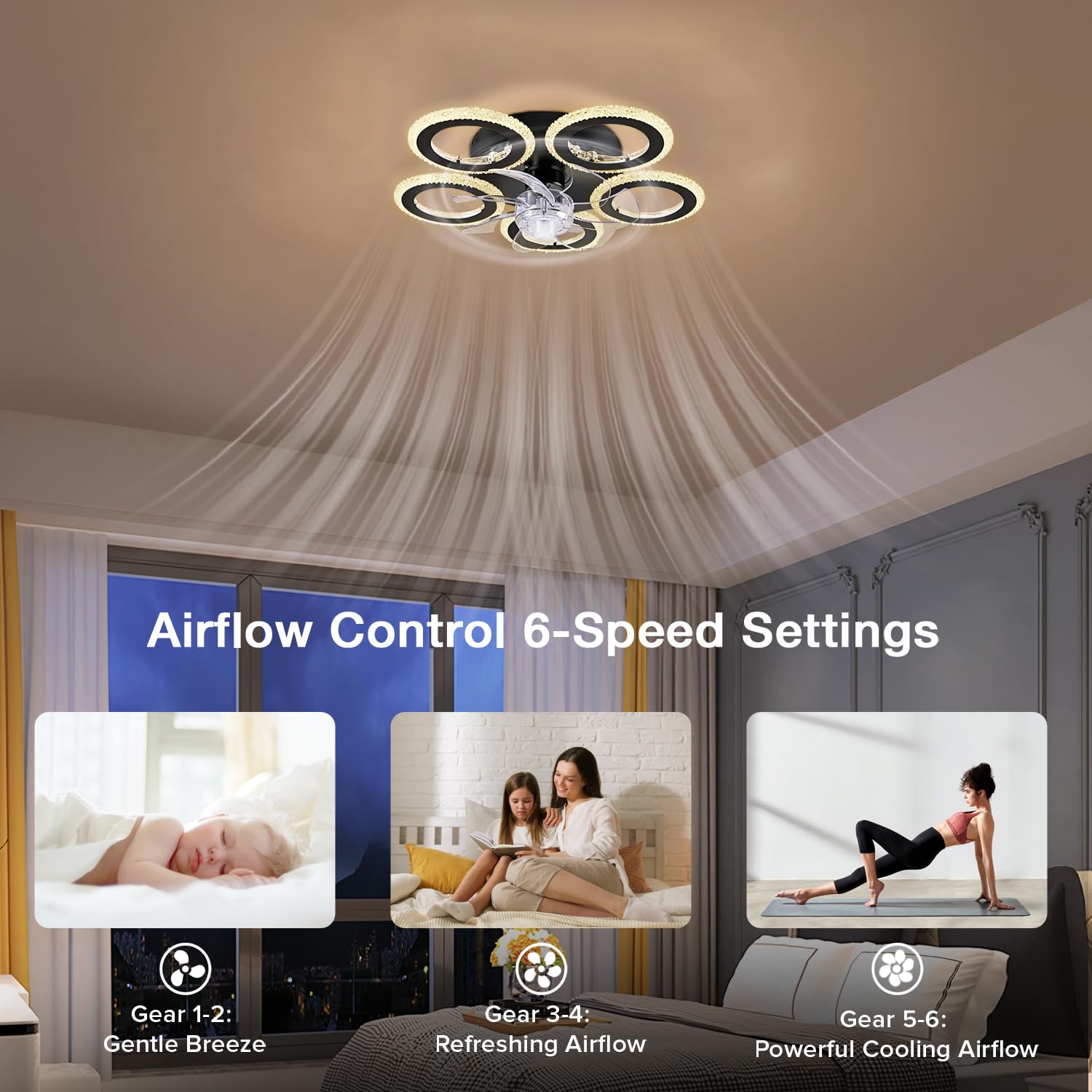 FIMEI Ventilatori da Soffitto con Luce, Ventilatore a 6 Velocità & Luce a Regolazione Continua, Telecomando & APP, Illuminazione Moderna per Soggiorno, Sala da Pranzo, Camera da Letto (9003)