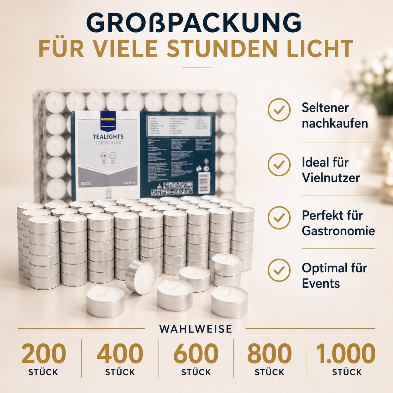 M.Professional Teelichter 8 Stunden Brenndauer 200er 400er 600er 800er 1000er Pack Gastronomie Kerzen Teelicht (1000)