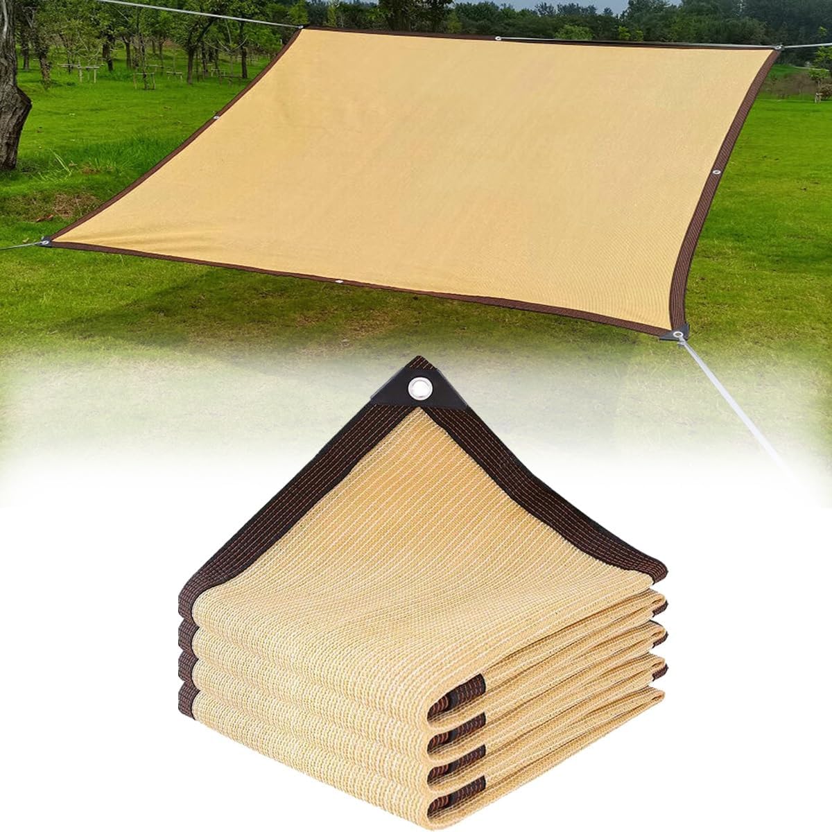 Beige Outdoor Sun Shade Netting - HDPE Shade Cloth, Water & Air Permeable, Reinforced Edges, Perfect for Garden, Pergola, Courtyard, Greenhouse (2x2m)