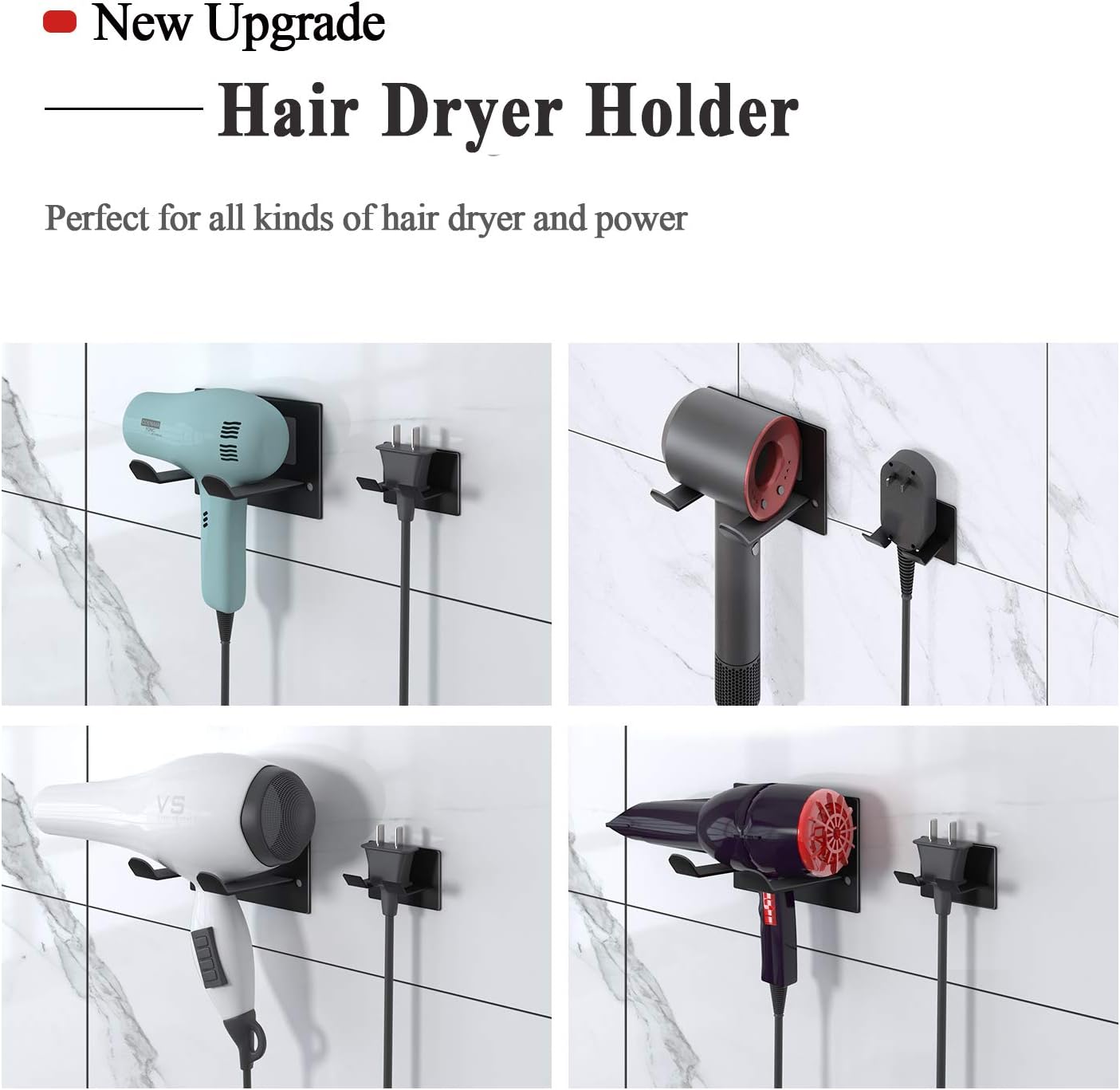XIGOO Self Adhesive Hair Dryer Holder Wall Mounted - Adhesive Bathroom Hair Blow Dryer Rack Organizer Compatible with Supersonic Hair Dryers (Black)