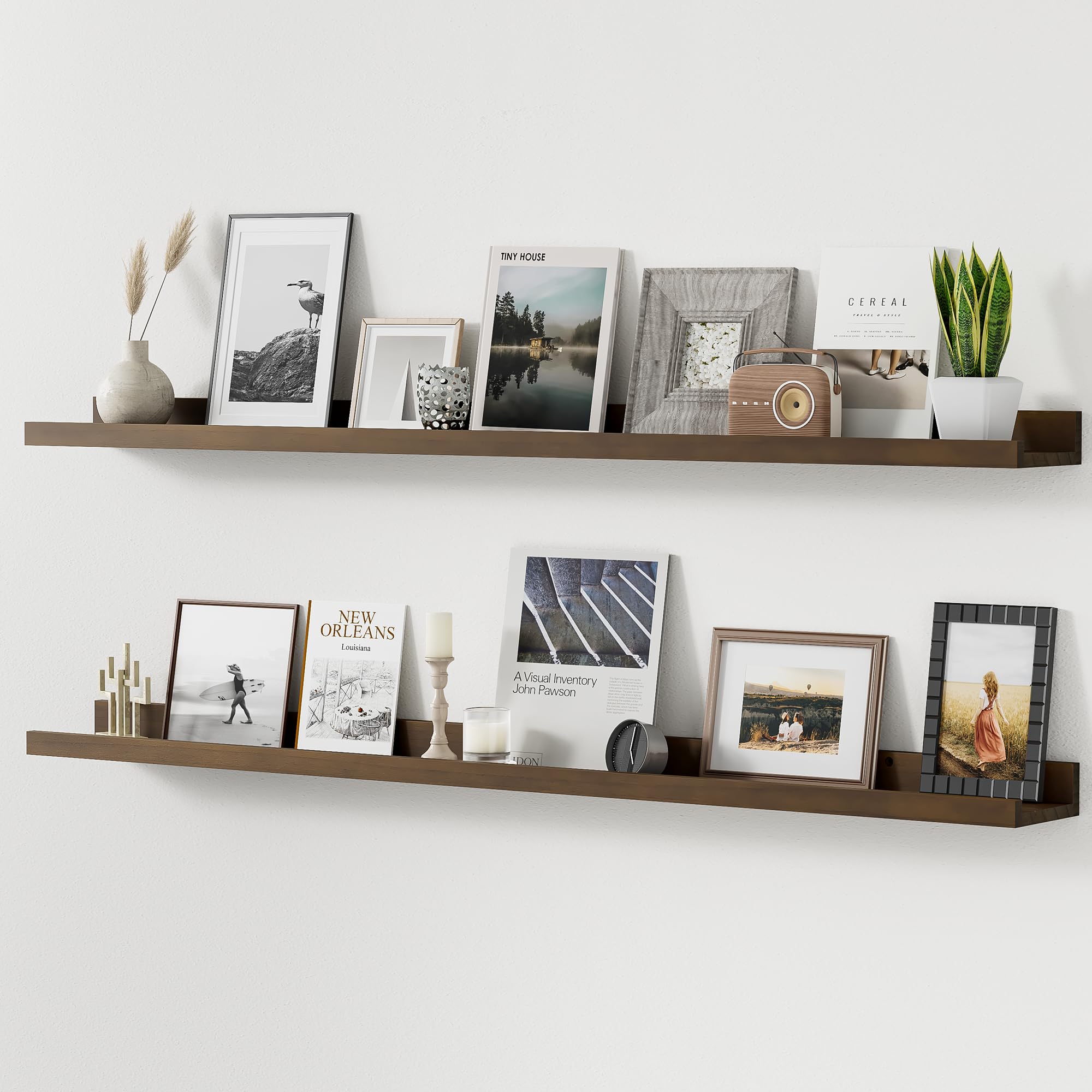 Long Floating Shelves for Wall, 48 inch Solid Wood Picture Ledge Shelf, Picture Shelf for Wall with Ledge, Floating Book Shelves for Living Room Bedroom Kitchen Nursery Decor, Walnut, Set of 2