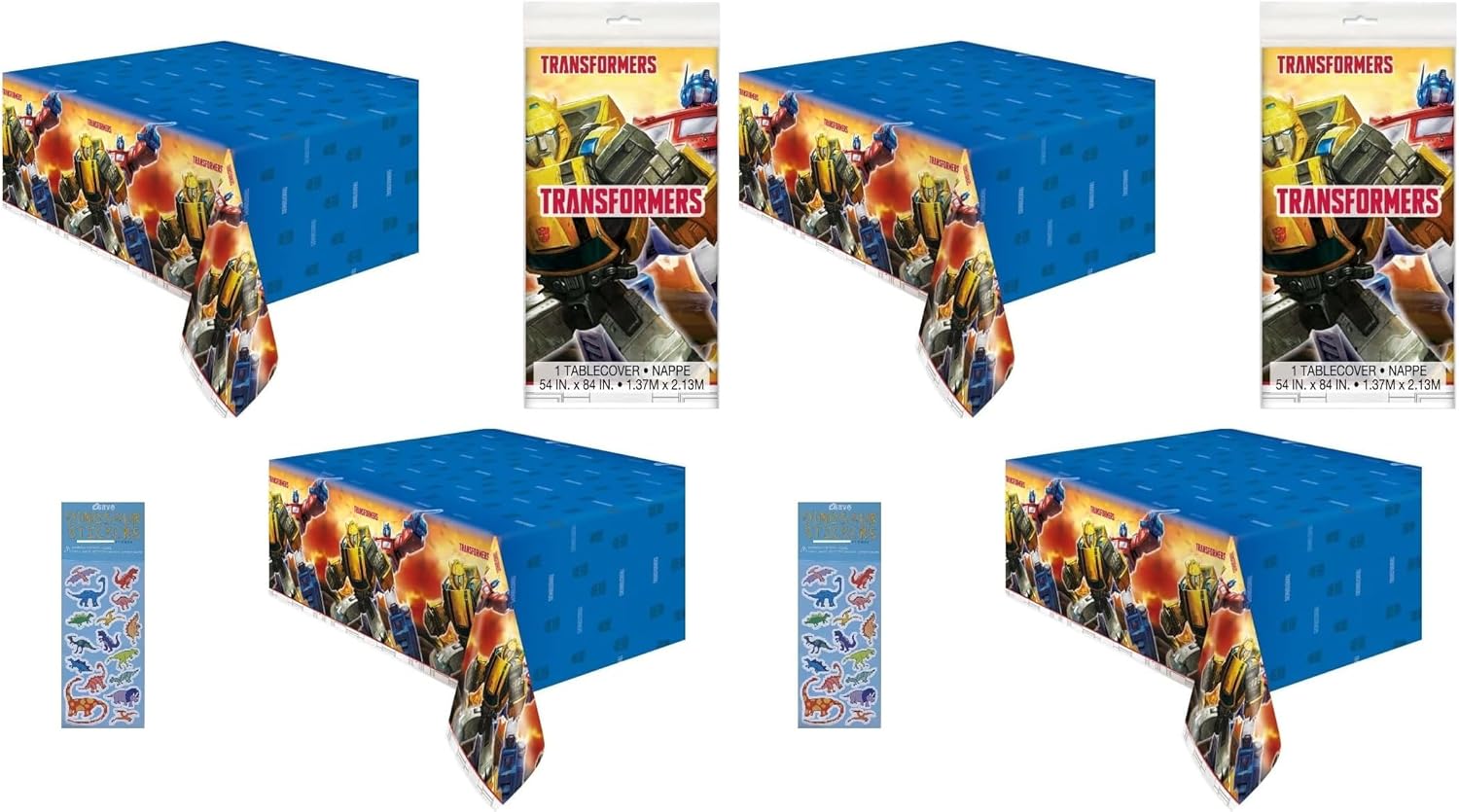 Unique Transformers Birthday Party Supplies Decoration Bundle Pack Includes 2 Rectangular Plastic Table Covers 54" x 84" and 1 Dinosaur Sticker Sheet (Pack of 2)