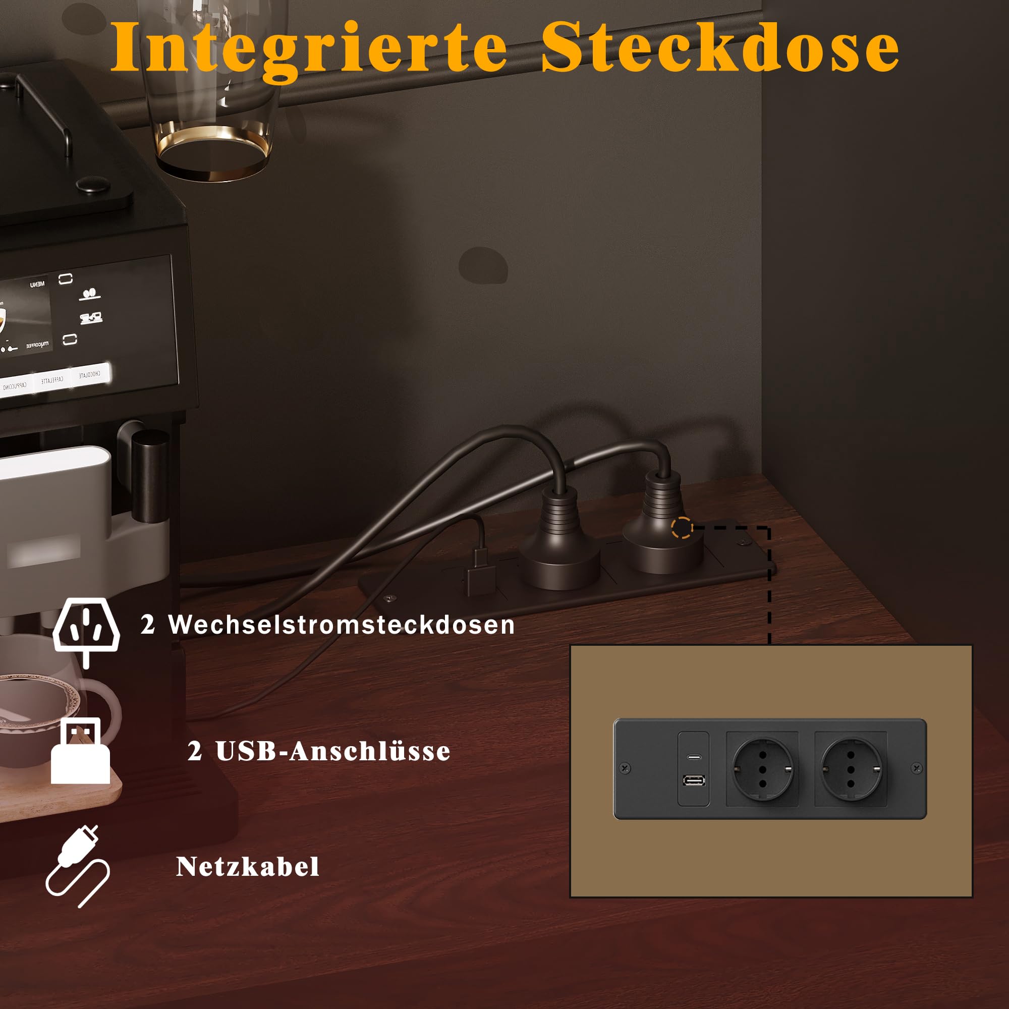 Küchenschrank Hochschrank mit LED Licht und USB Steckdose, Küchenbuffet Buffetschrank mit 4 Türen und Schubladen, Highboard Sideboard Schrank Schwarz mit Schubladen und Weinregal, 120x40x170 cm