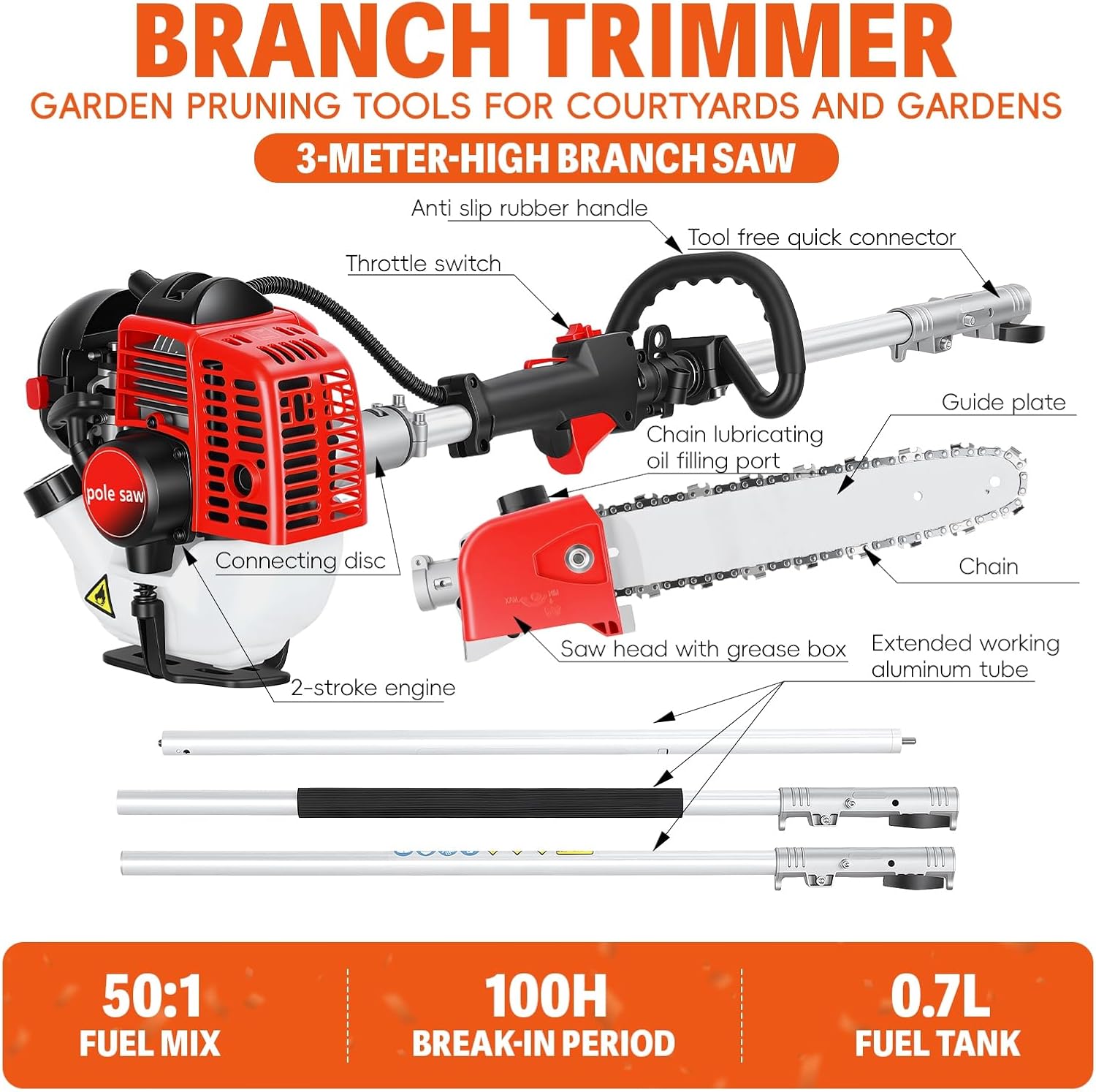 Branch Basics 26CC Gas Pole Saw, 9.8FT Extendable Tree Trimmer Pole Saw - 2-Cycle Gas Powered Chainsaw - Heavy Duty Poles Saws for Tree Trimming, Poles Chainsaw & Branch Trimmer Red